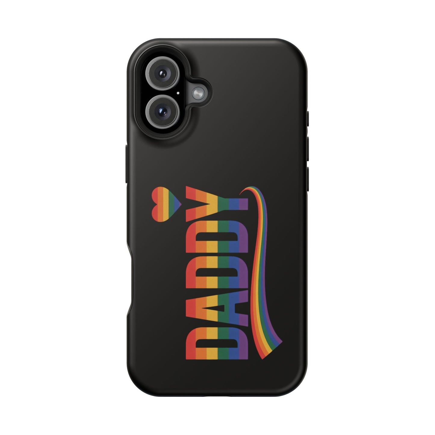 Fun Daddy LGBT Daddy iPhone tough case with rainbow heart and pride colors on black background, durable protective phone cover with MagSafe compatibility