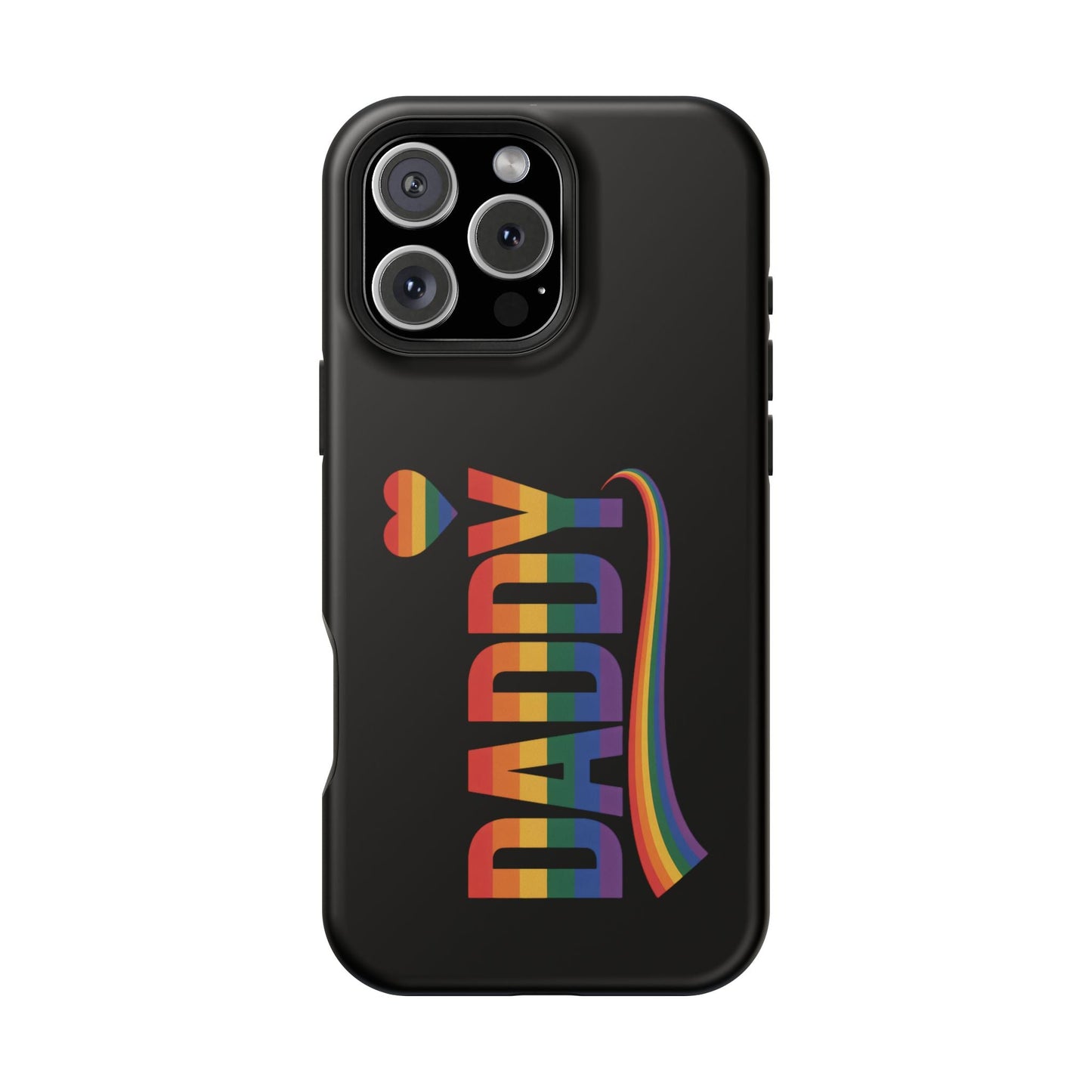 Black iPhone tough case with rainbow-colored "DADDY" text and LGBT pride heart and flag design.