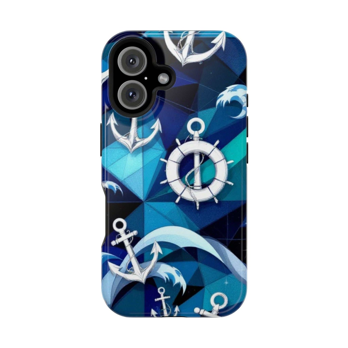 Nautical Anchors iPhone case with blue geometric background and white anchor designs, durable protective phone cover with MagSafe compatibility.