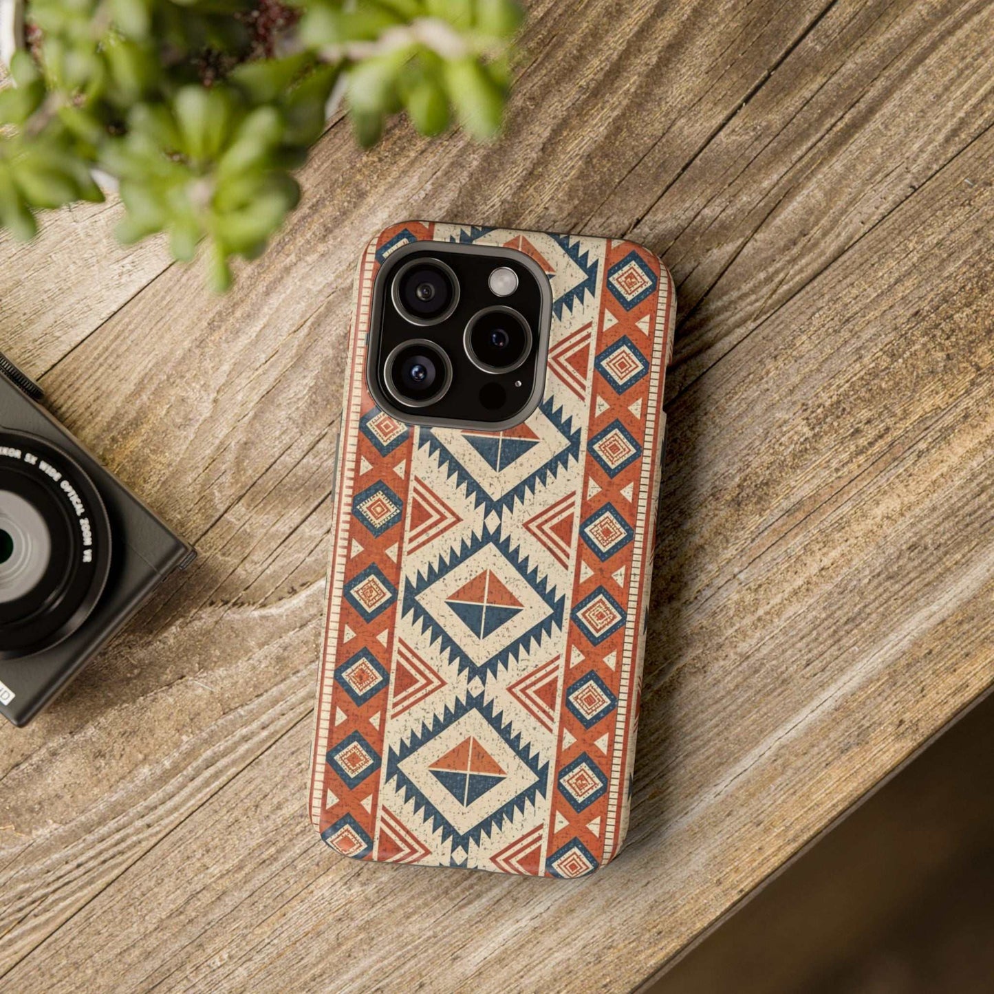 iPhone case with tribal inspired pattern, magnetic tough durable protection in red, blue, and beige colors