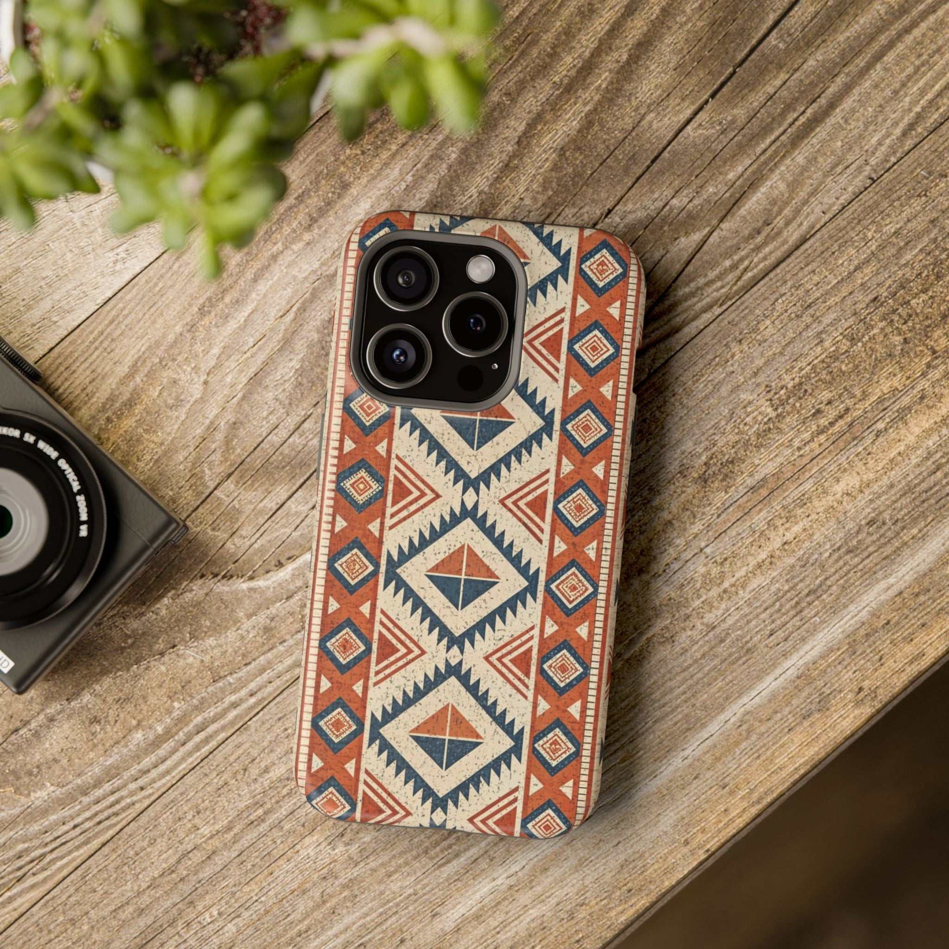 iPhone case with tribal inspired pattern, magnetic tough durable protection in red, blue, and beige colors