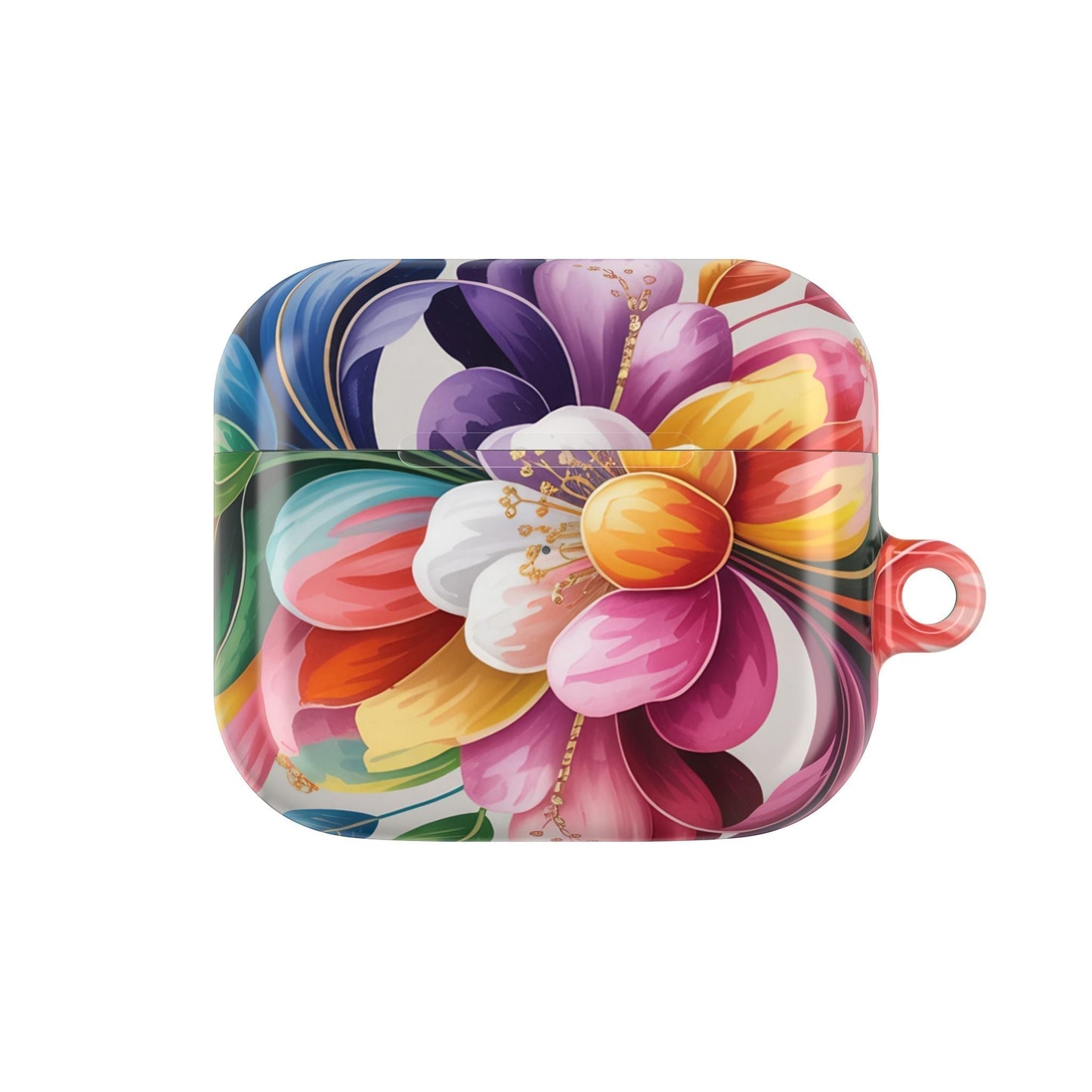 Floral polycarbonate AirPod case with glossy finish and carabiner for scratch-resistant protection