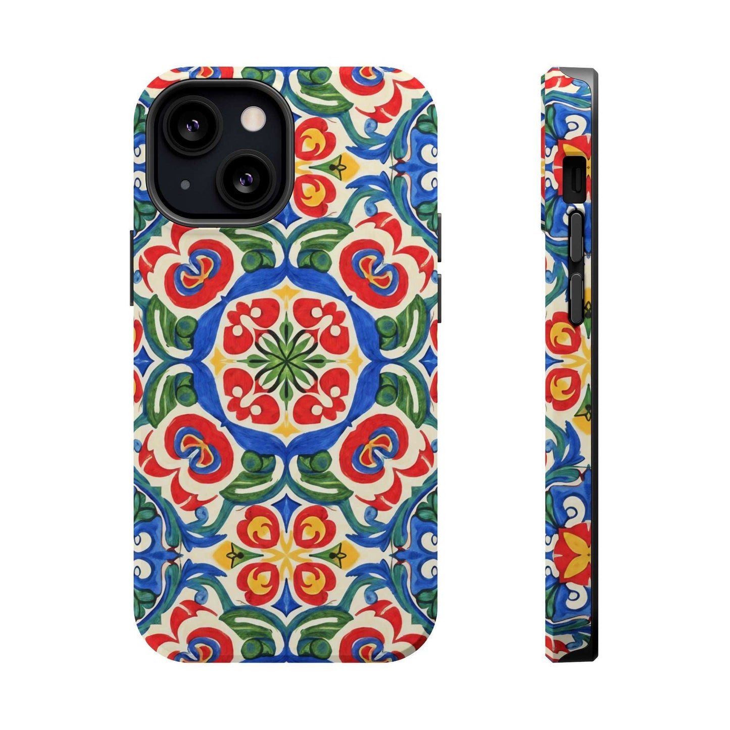 Mediterranean iPhone case with colorful folk tile art pattern and MagSafe protection