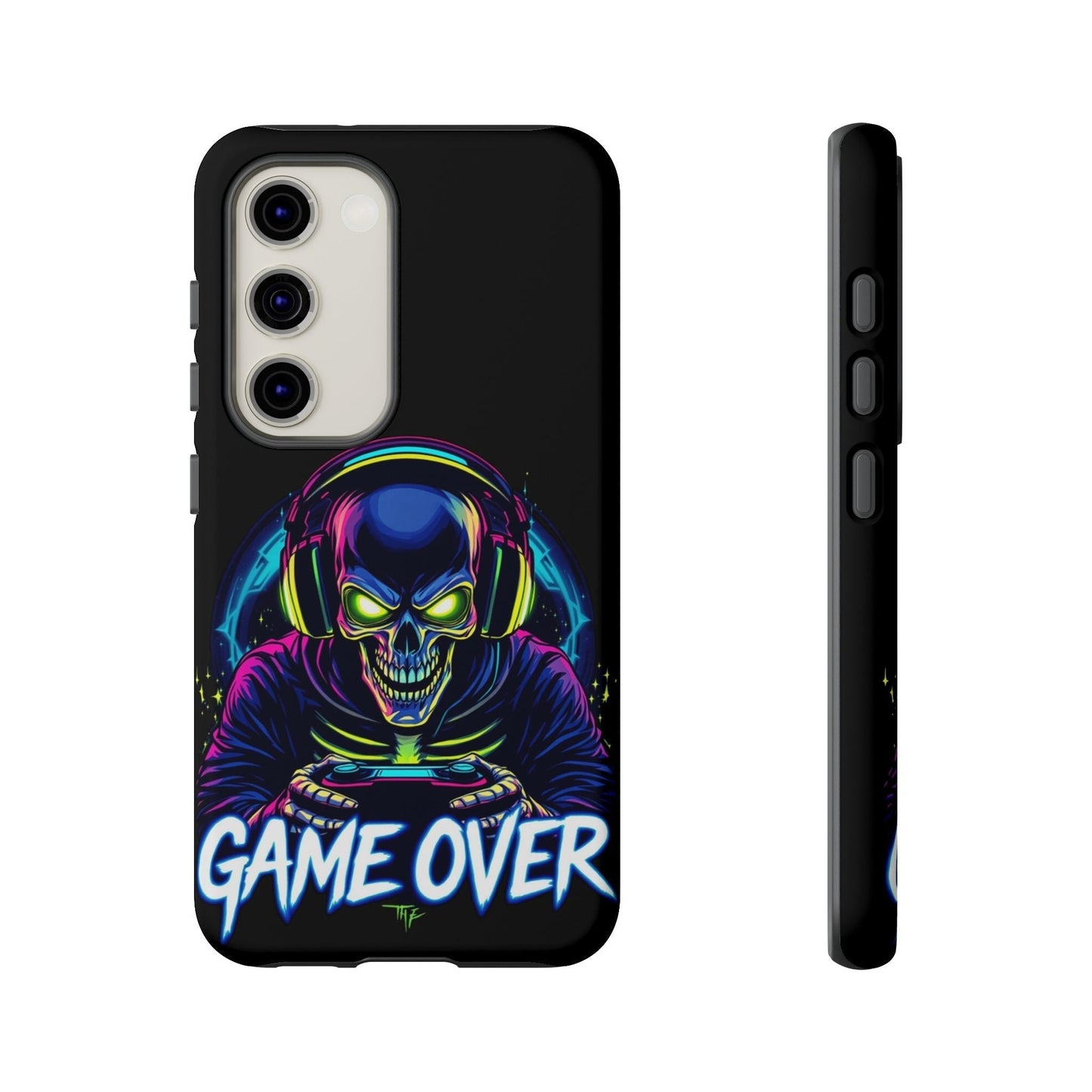 Samsung tough case with colorful "Game Over" skull gamer design, durable impact-resistant phone cover for Galaxy models, styled for gamers and tech lovers
