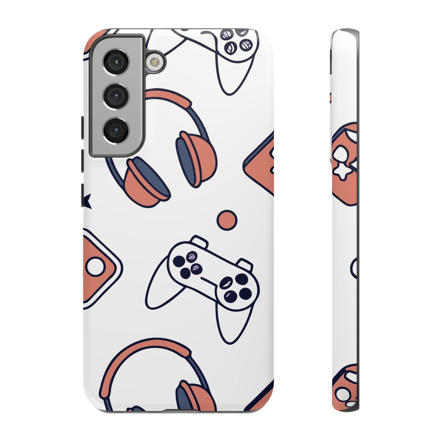 Durable Samsung phone case with gamer design featuring controllers, headphones, and game elements for tough protection and style