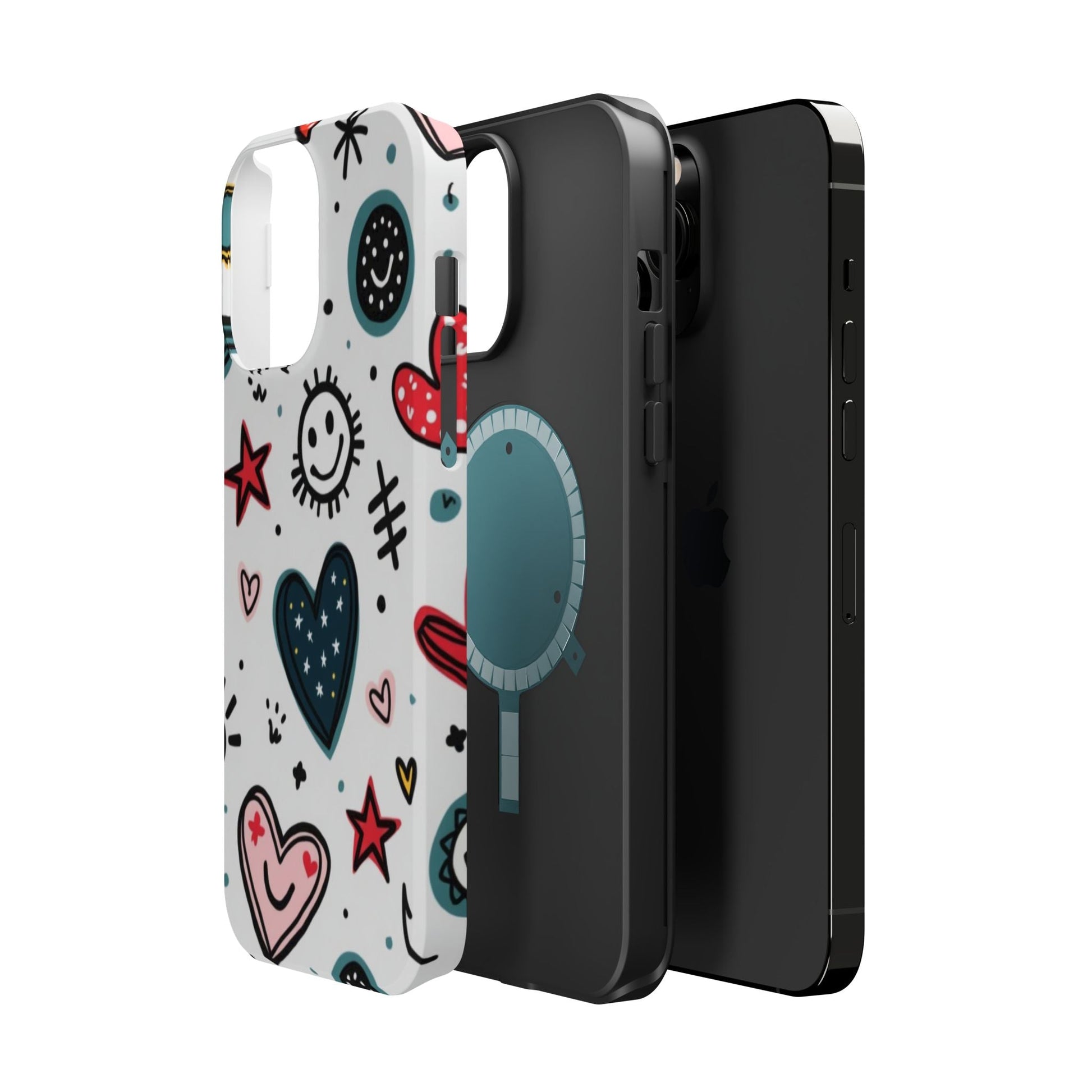 Cartoon Hearts and Smiles iPhone tough case with colorful playful design, durable polycarbonate and TPU protection, MagSafe compatible.