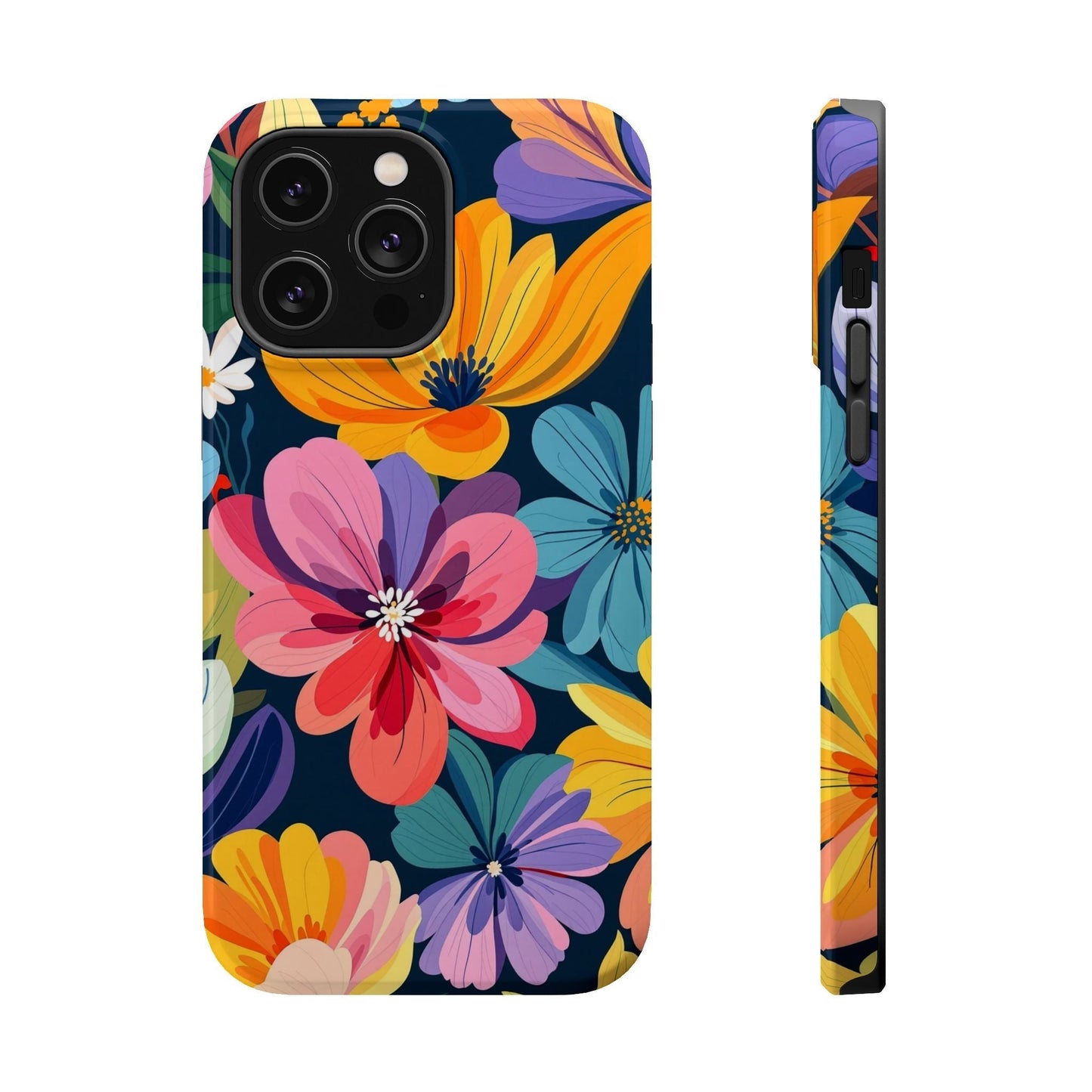 Colorful Floral Design iPhone case with vibrant flower print, MagSafe compatible, protective polycarbonate and TPU material, sleek fit for iPhone 17.