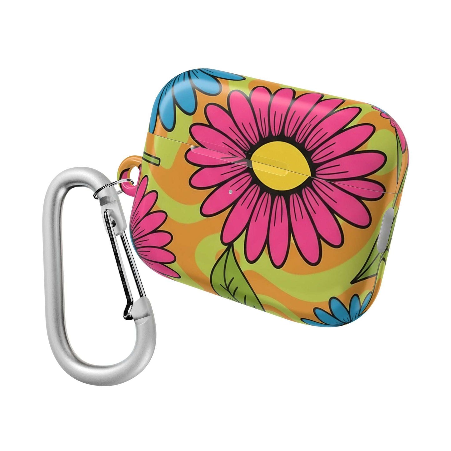 Love Child AirPod Case with vibrant floral design, durable protective cover and carabiner clip for easy carrying