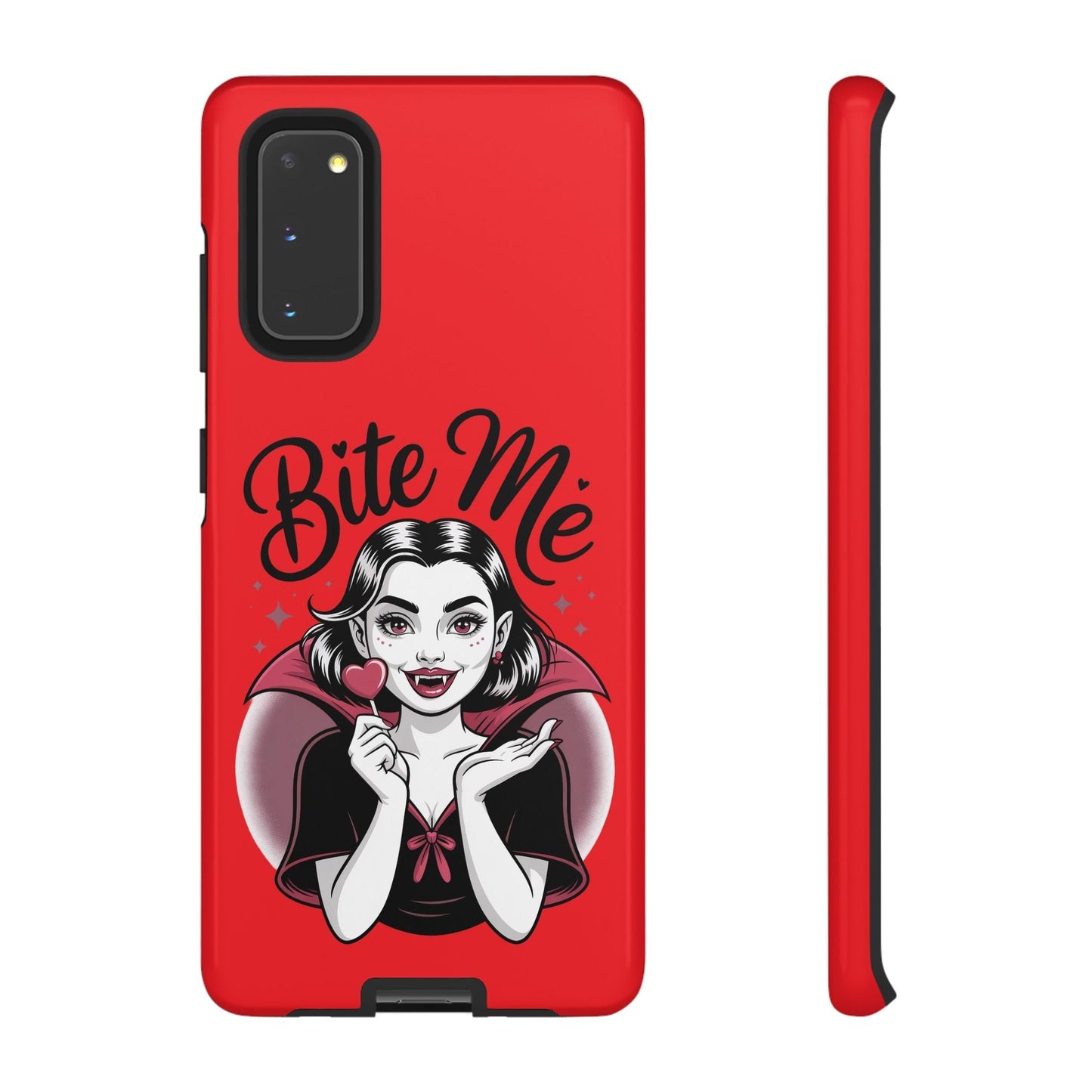 Red Samsung phone case with a cartoon vampire holding a heart lollipop and "Bite Me" text, Halloween themed protection for Galaxy models