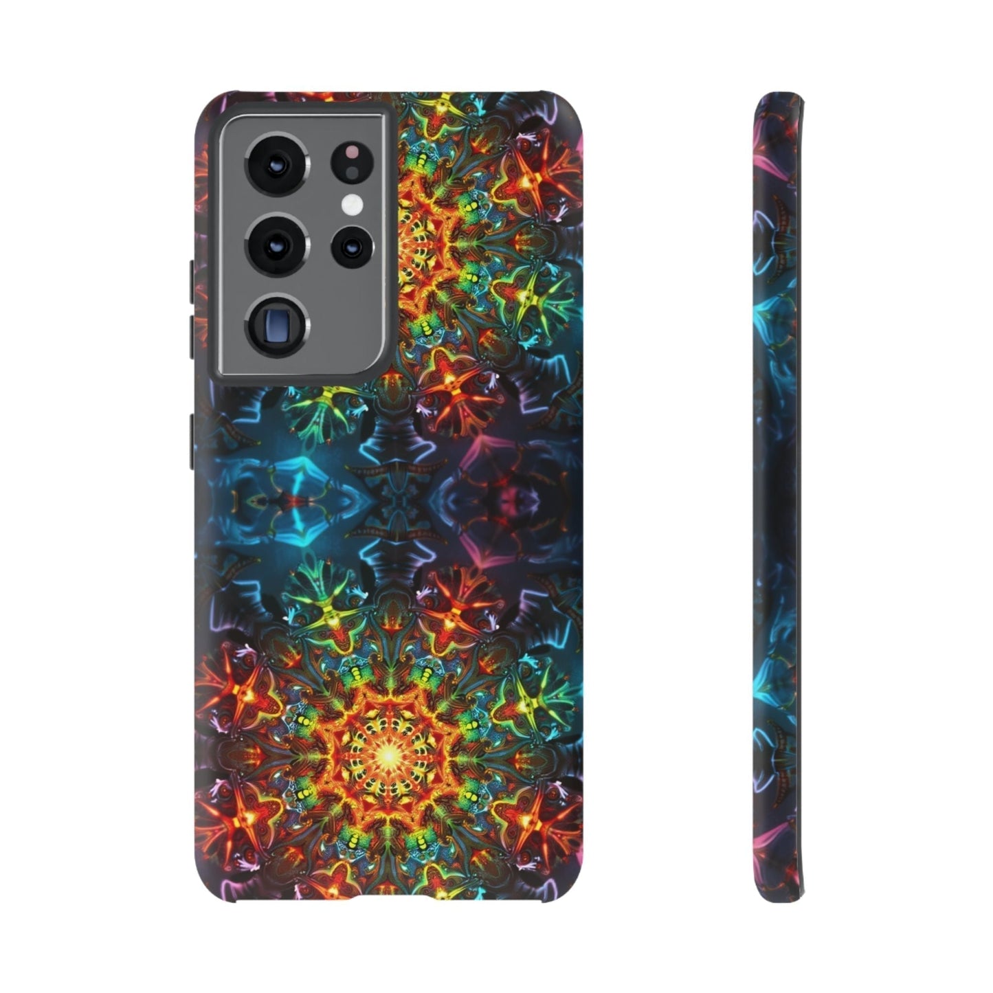 Abstract Kaleidoscope Samsung phone case with vibrant multicolor symmetrical pattern and durable protective design.