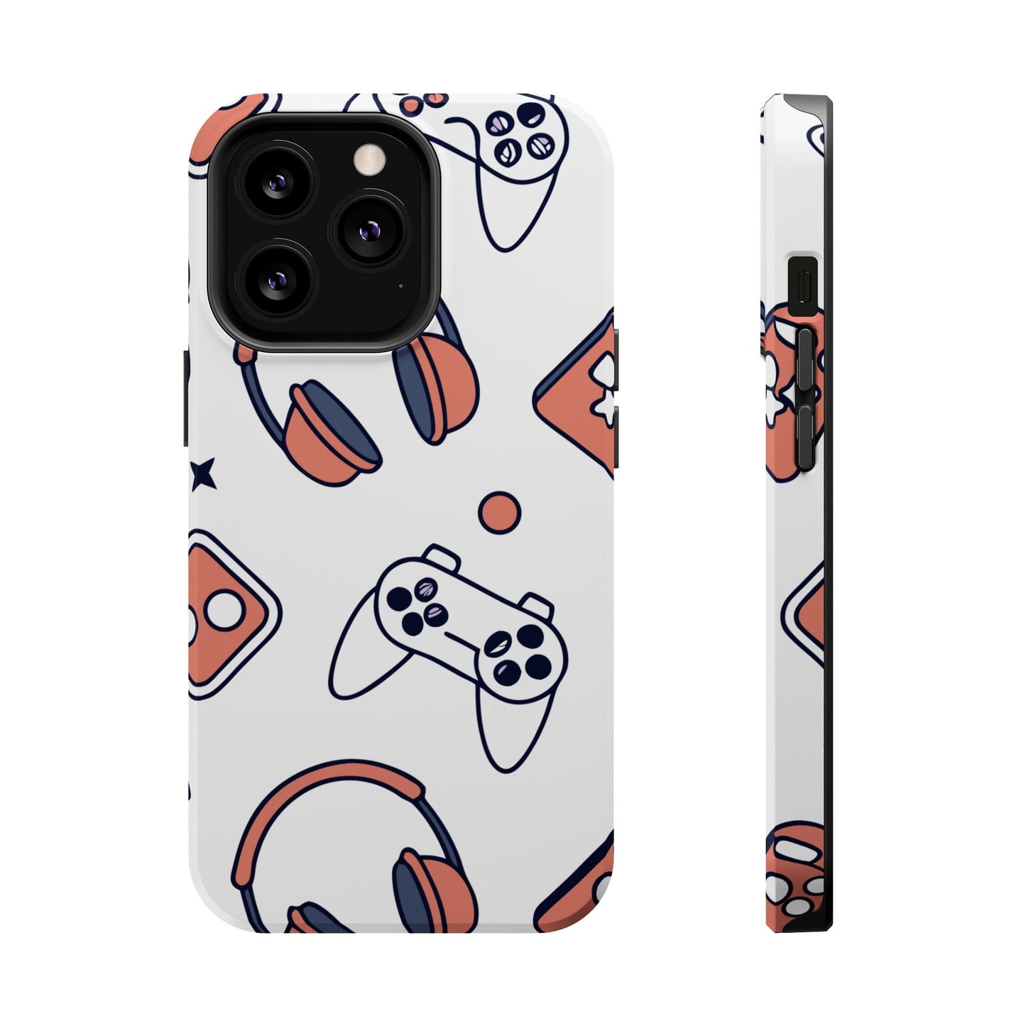 Gamer iPhone tough case with white background and orange and navy gaming icons design, durable protective polycarbonate and TPU build with MagSafe compatibility.