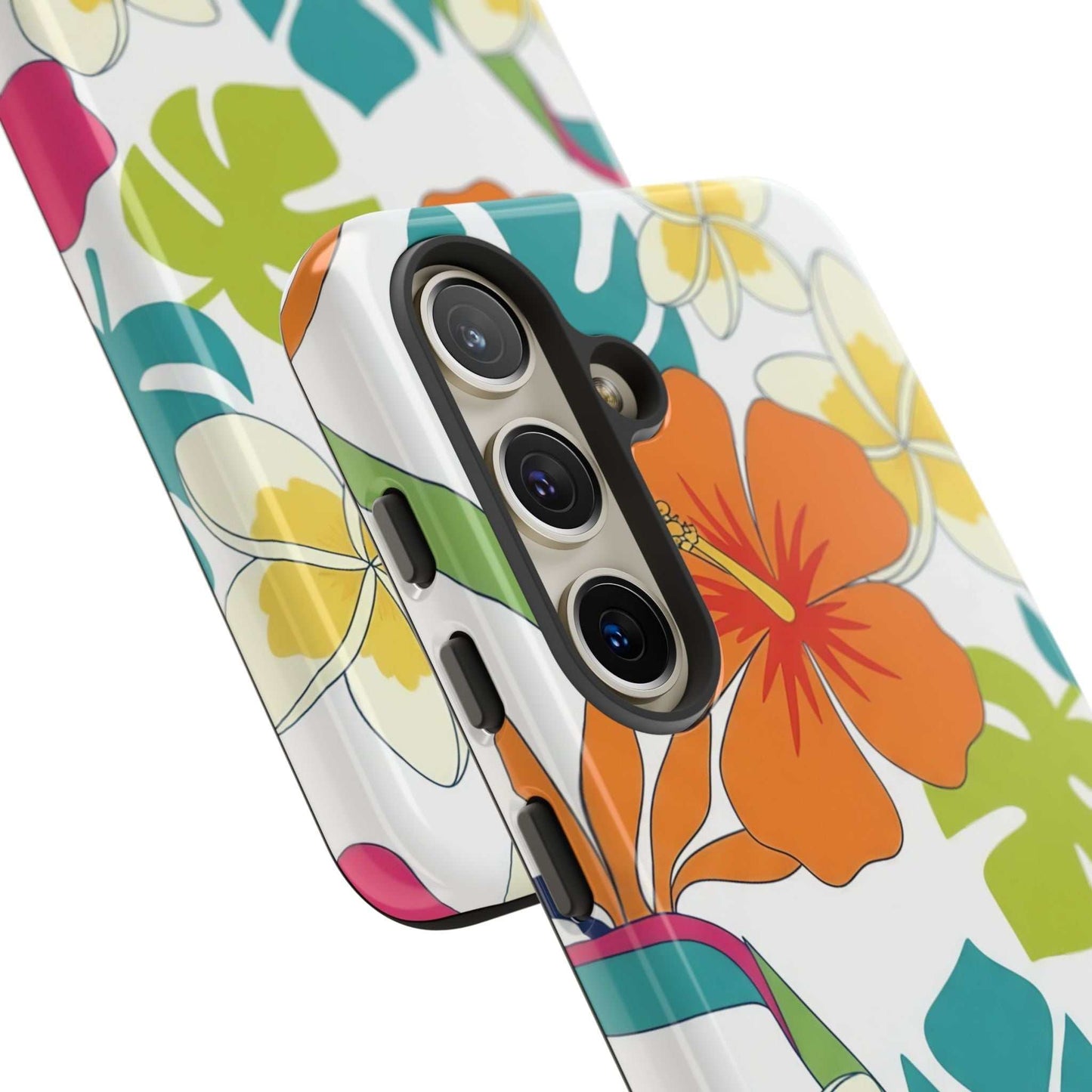 orange floral Samsung case with durable shock-absorbing design and wireless charging support