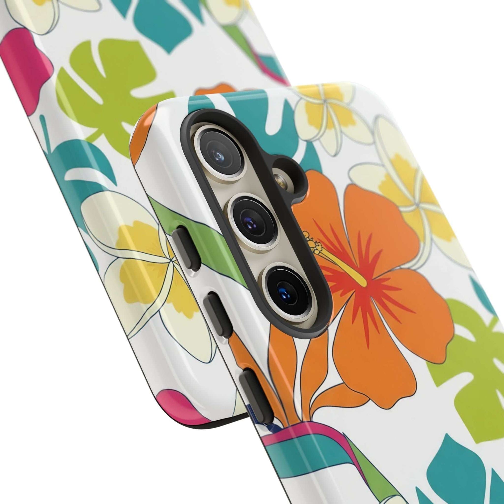 orange floral Samsung case with durable shock-absorbing design and wireless charging support