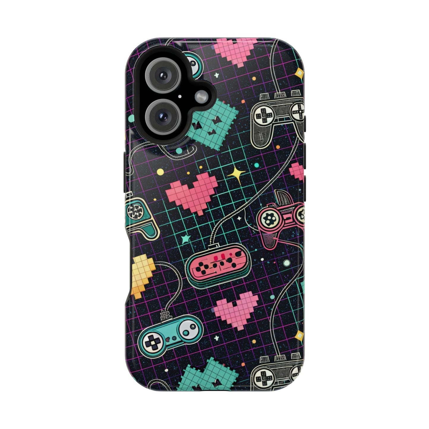 Retro Gamer Inspire magnetic tough dual-layer iPhone case with pixel hearts and game controller design