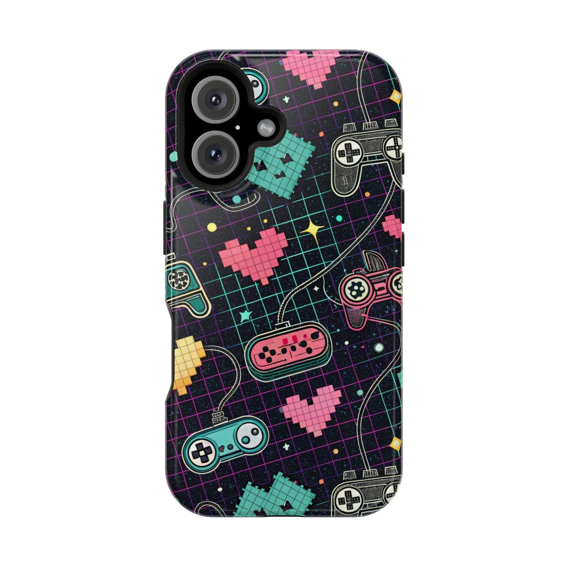 Retro Gamer Inspire magnetic tough dual-layer iPhone case with pixel hearts and game controller design