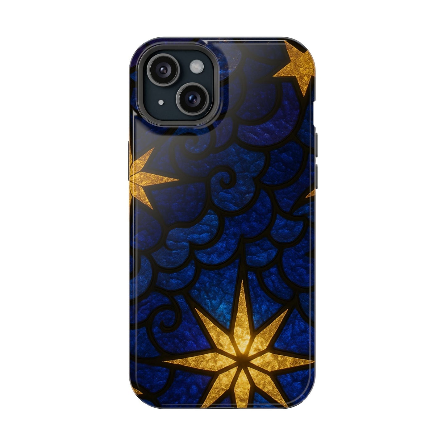 iPhone tough case with golden star design on blue textured background, durable and MagSafe compatible