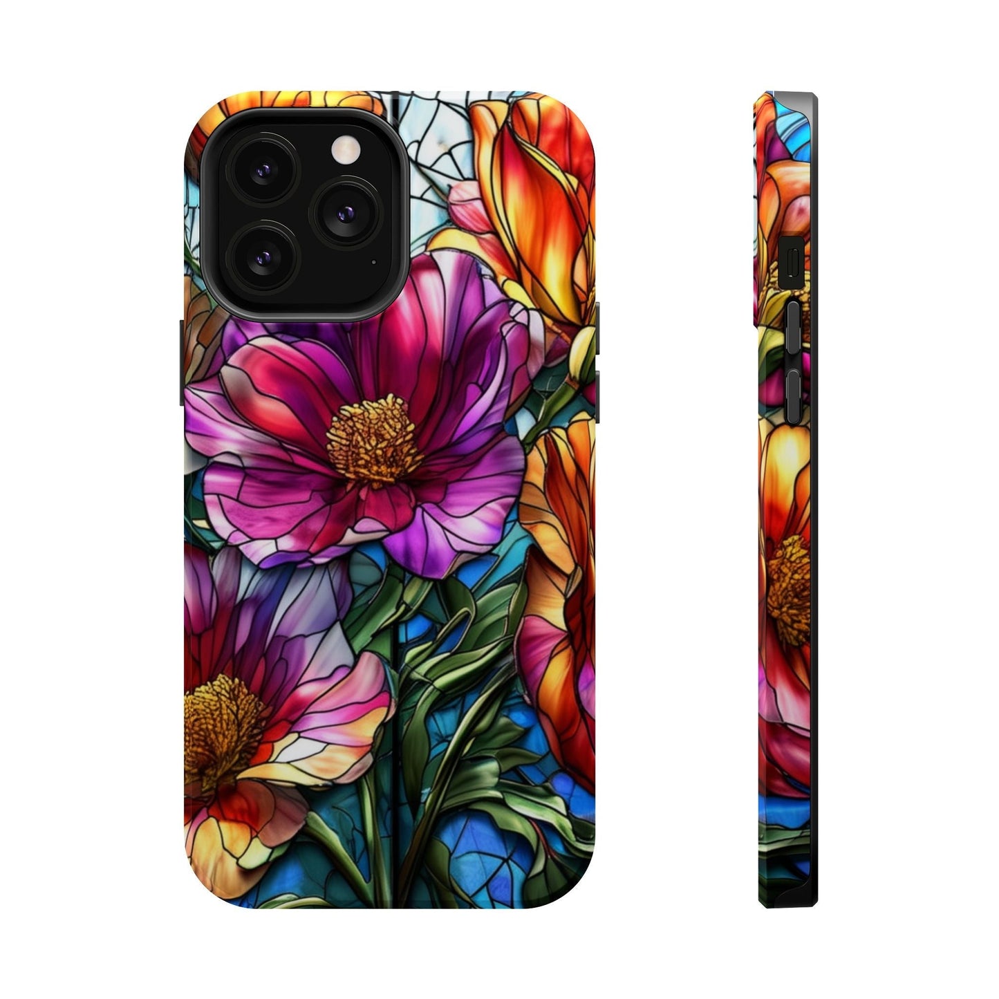 iPhone case with vibrant purple and orange floral design, durable polycarbonate and TPU, MagSafe compatible phone cover