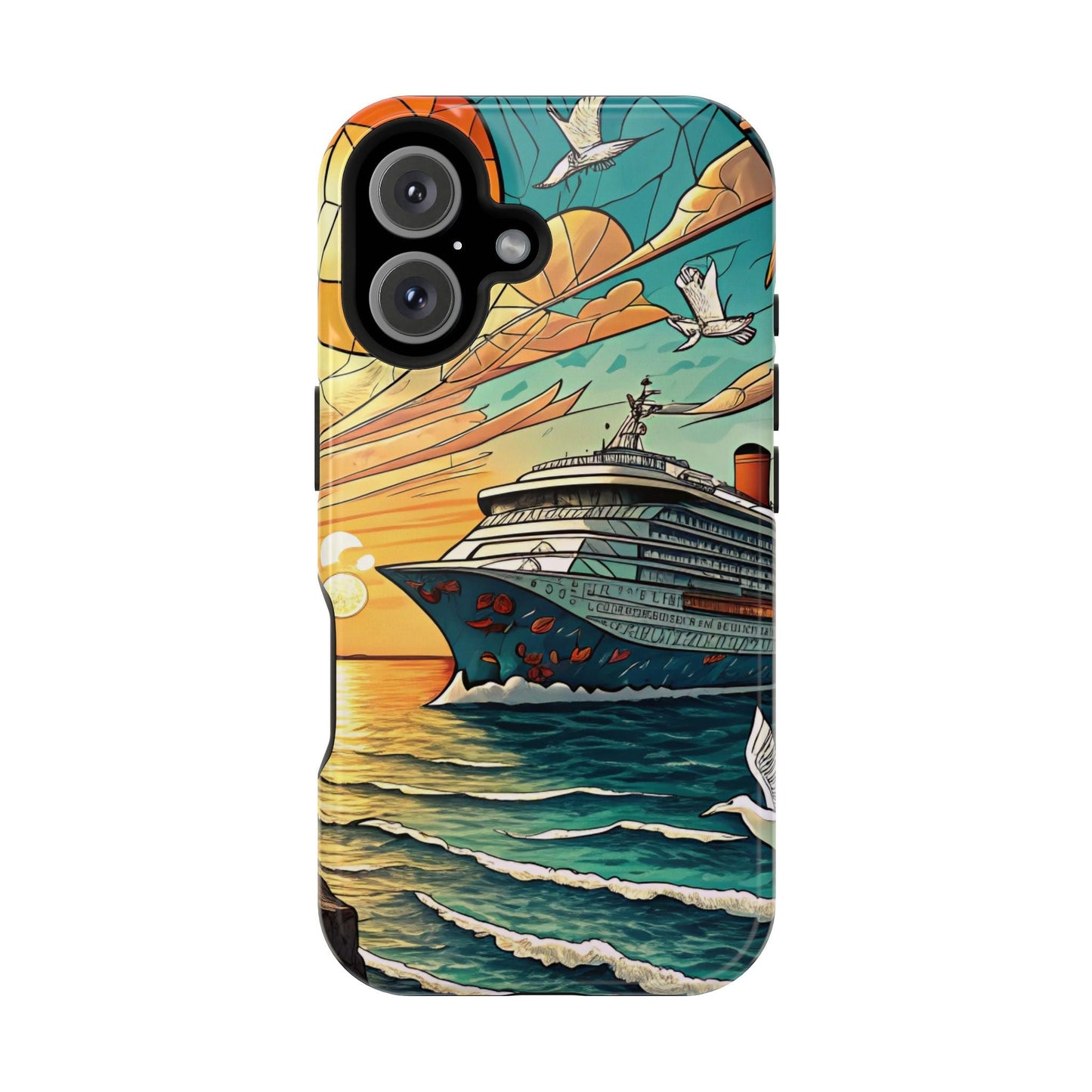 Cruise Vacation iPhone tough case with vibrant ocean and cruise ship design, durable dual-layer protection, and MagSafe support.