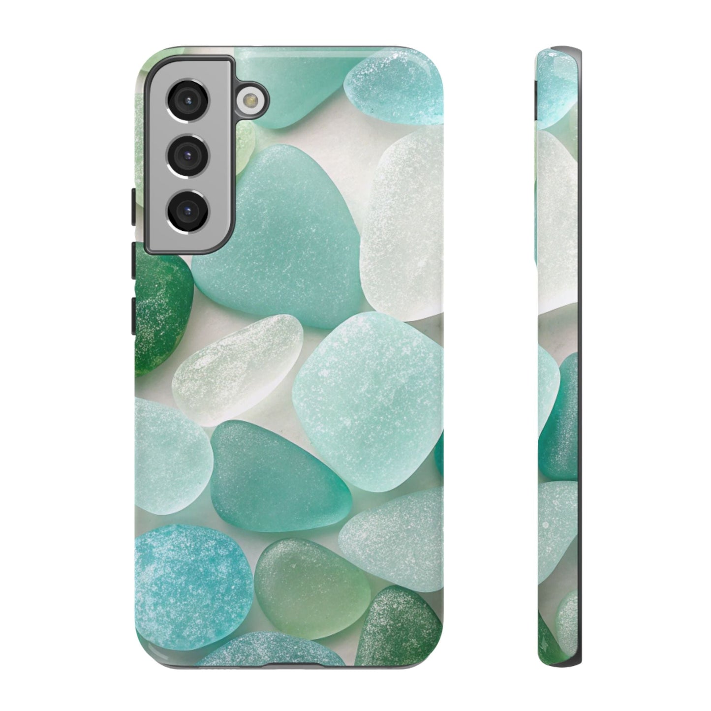 Samsung phone case with calming sea glass design in blue and green tones, durable and impact-resistant protection for Galaxy models.