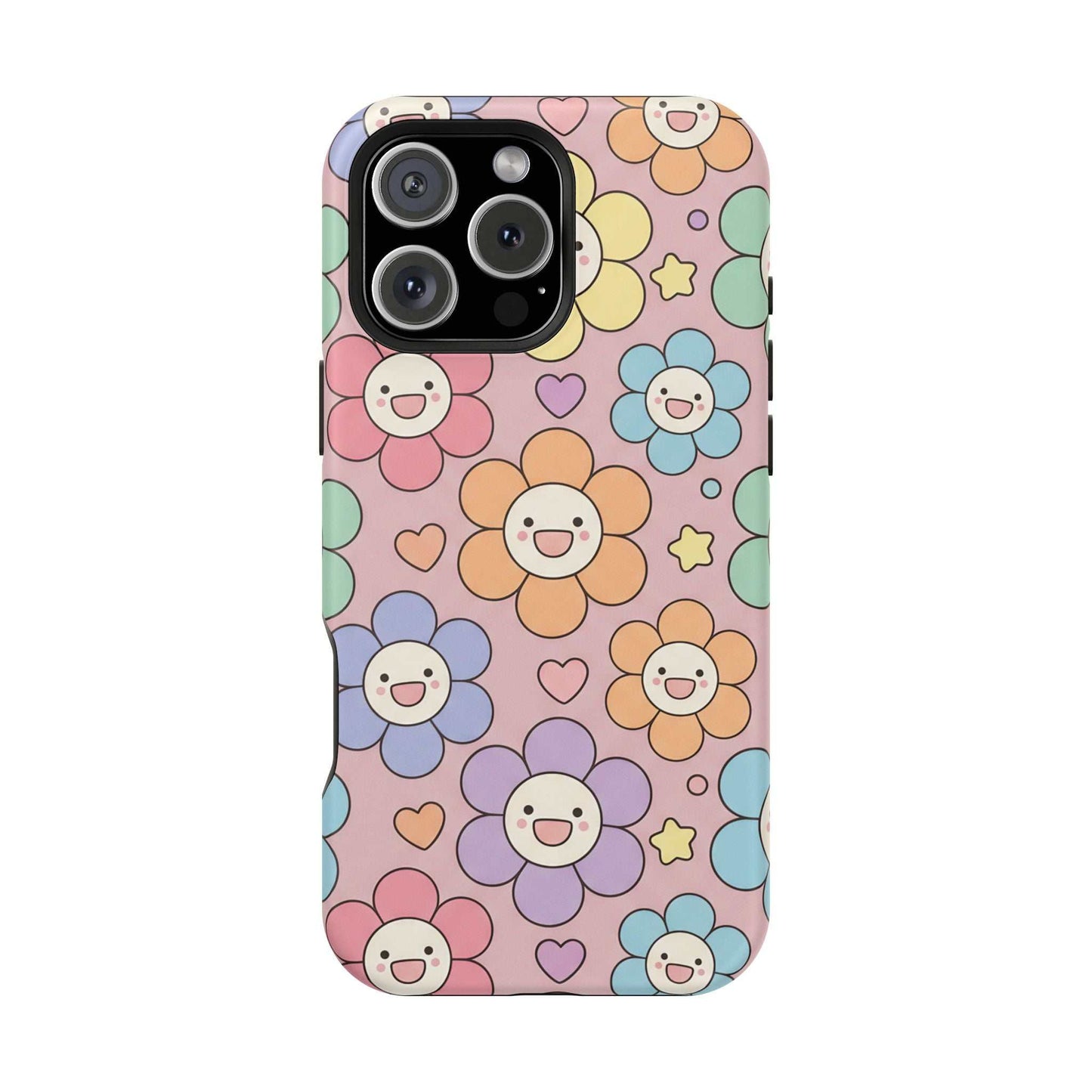 Happy Flower iPhone Tough Case with colorful smiling floral pattern, impact-resistant and MagSafe compatible phone cover.