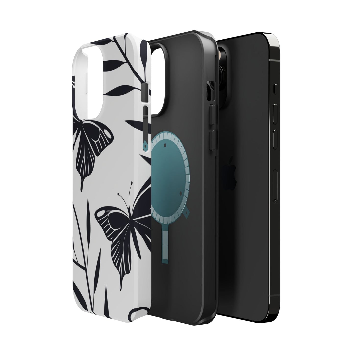 Black and white minimalist butterfly design iPhone case with MagSafe compatibility and protective dual-layer build