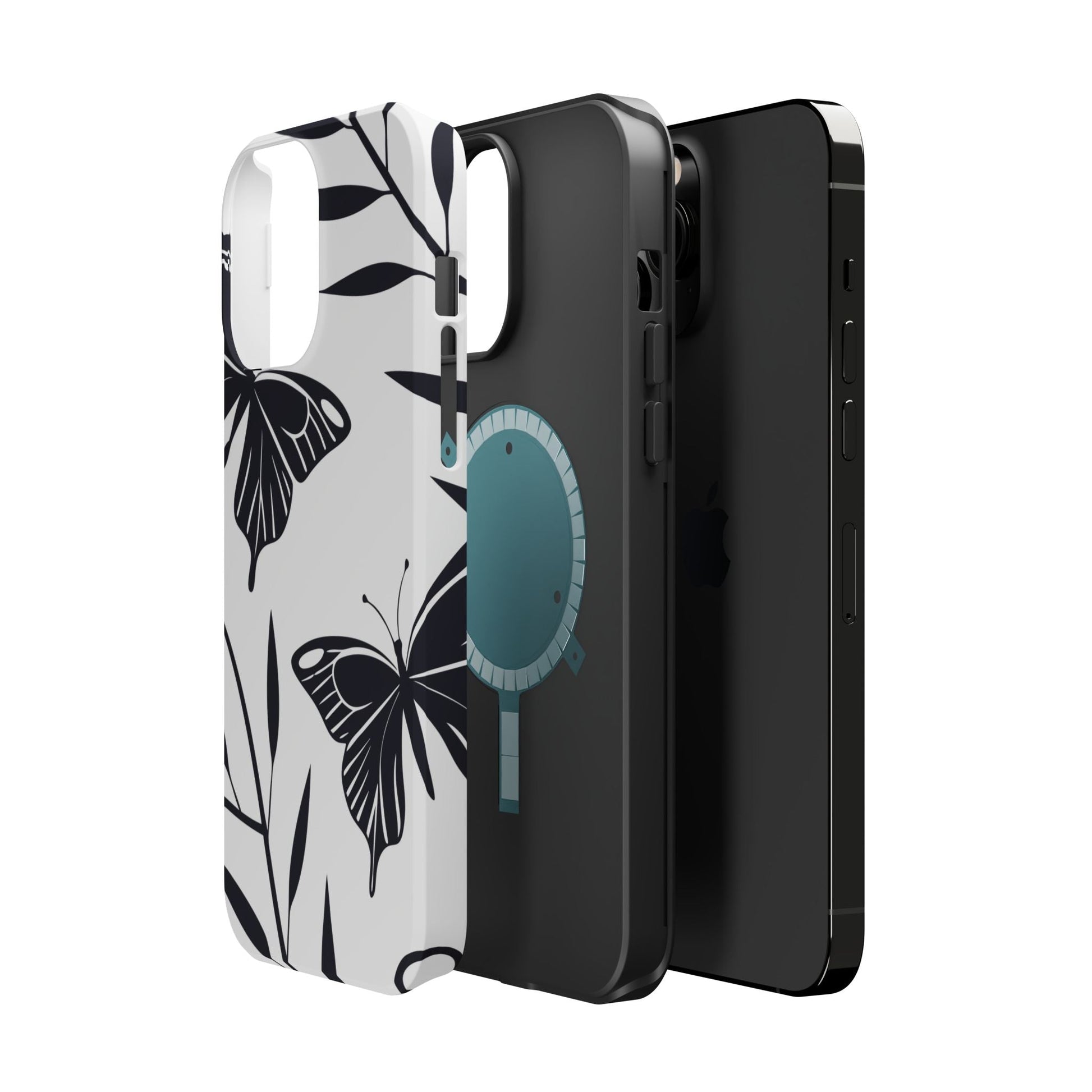 Black and white minimalist butterfly design iPhone case with MagSafe compatibility and protective dual-layer build