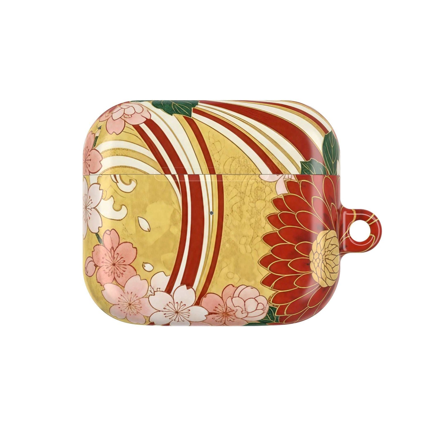 Japanese floral gold chrysanthemum design AirPod case with gloss finish and carabiner