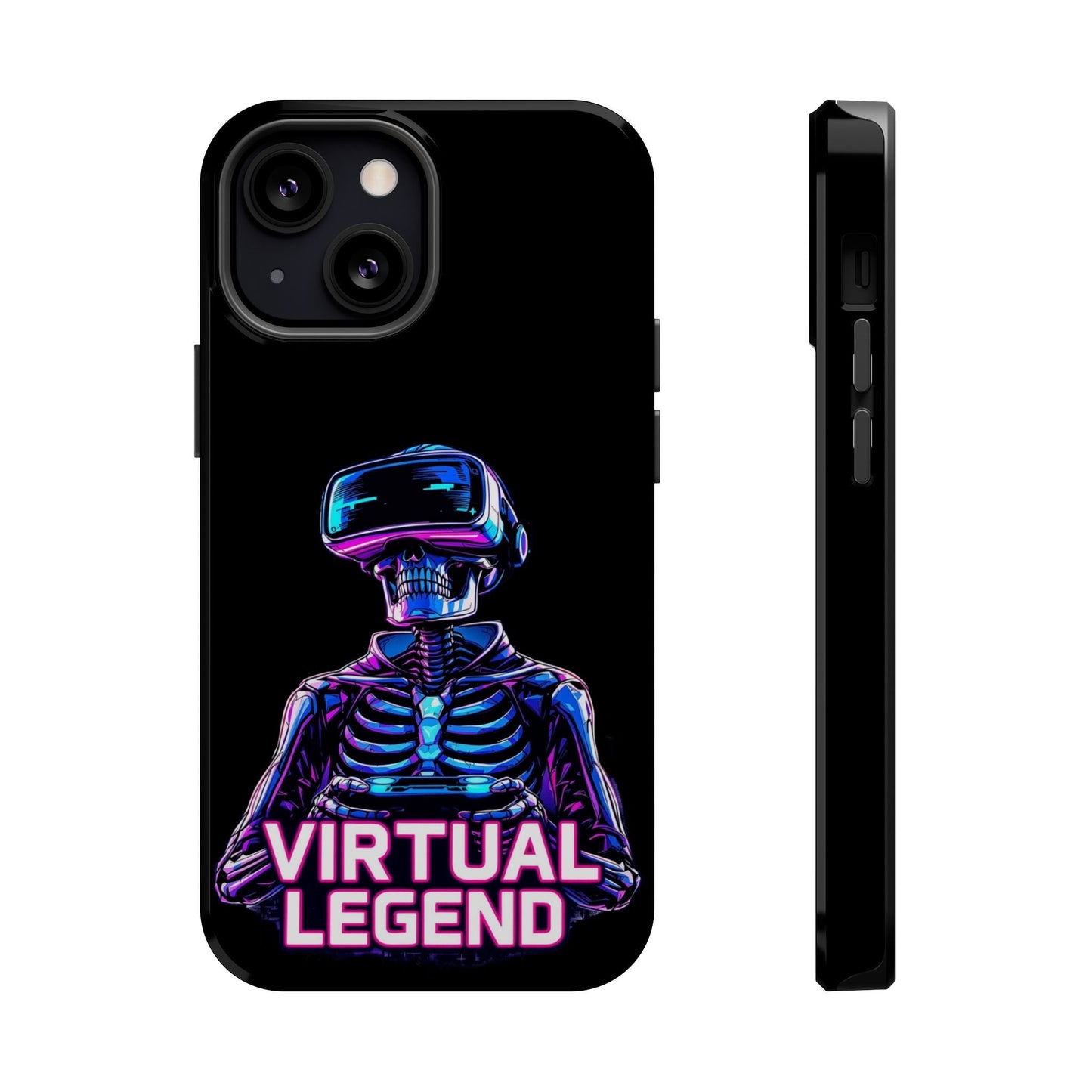 Virtual Legend Gamer iPhone tough case with skeleton wearing VR headset and vibrant colors, durable protective design with MagSafe compatibility