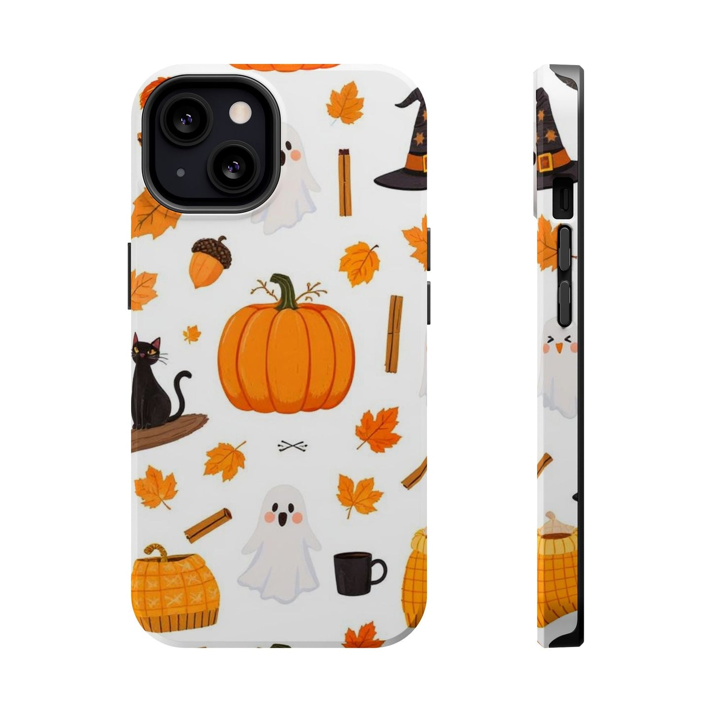 Halloween Pumpkins iPhone case with spooky pumpkin, ghost, and autumn leaf design, durable MagSafe compatible cover