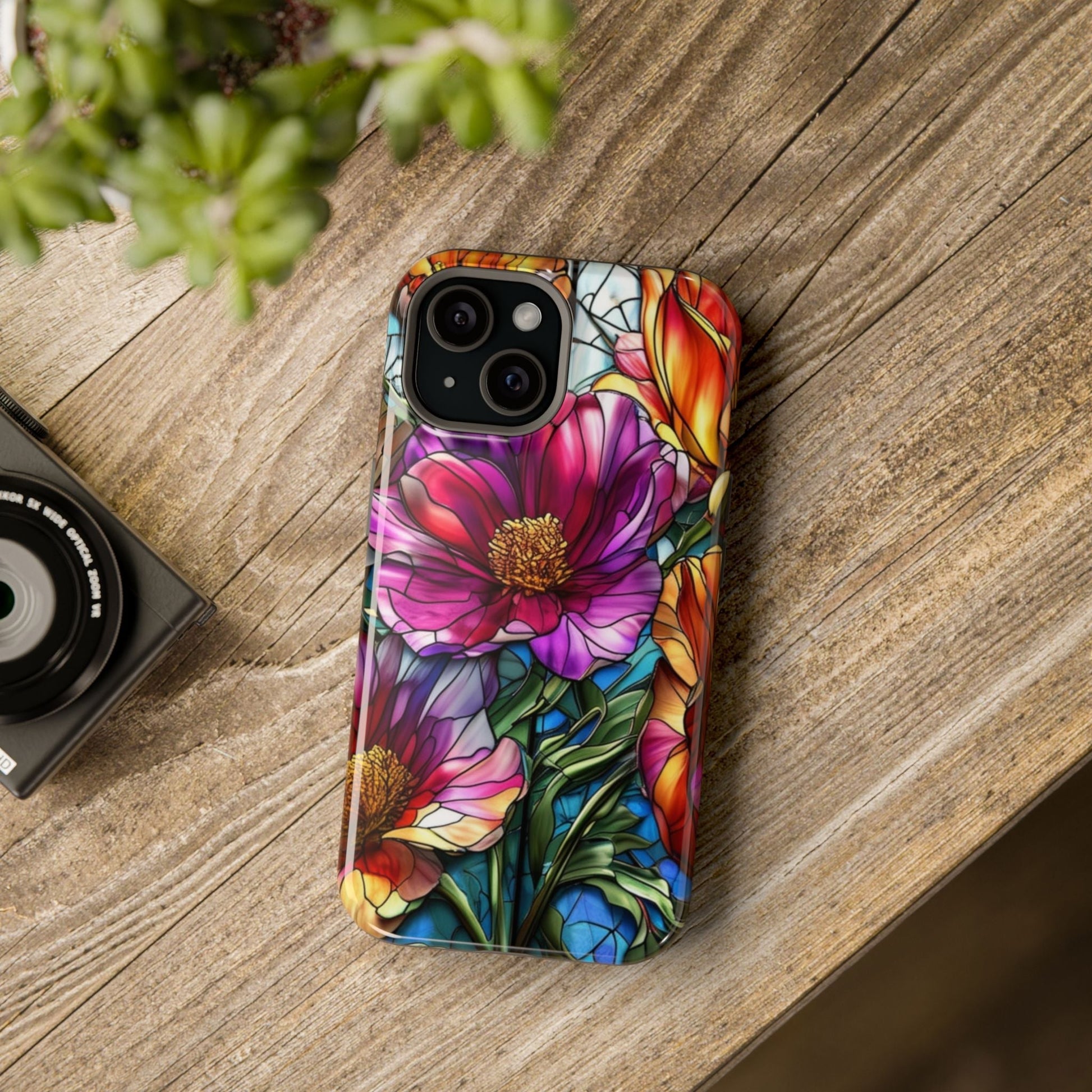 iPhone case with vibrant purple flower design in photo-realistic print on durable polycarbonate, MagSafe compatible