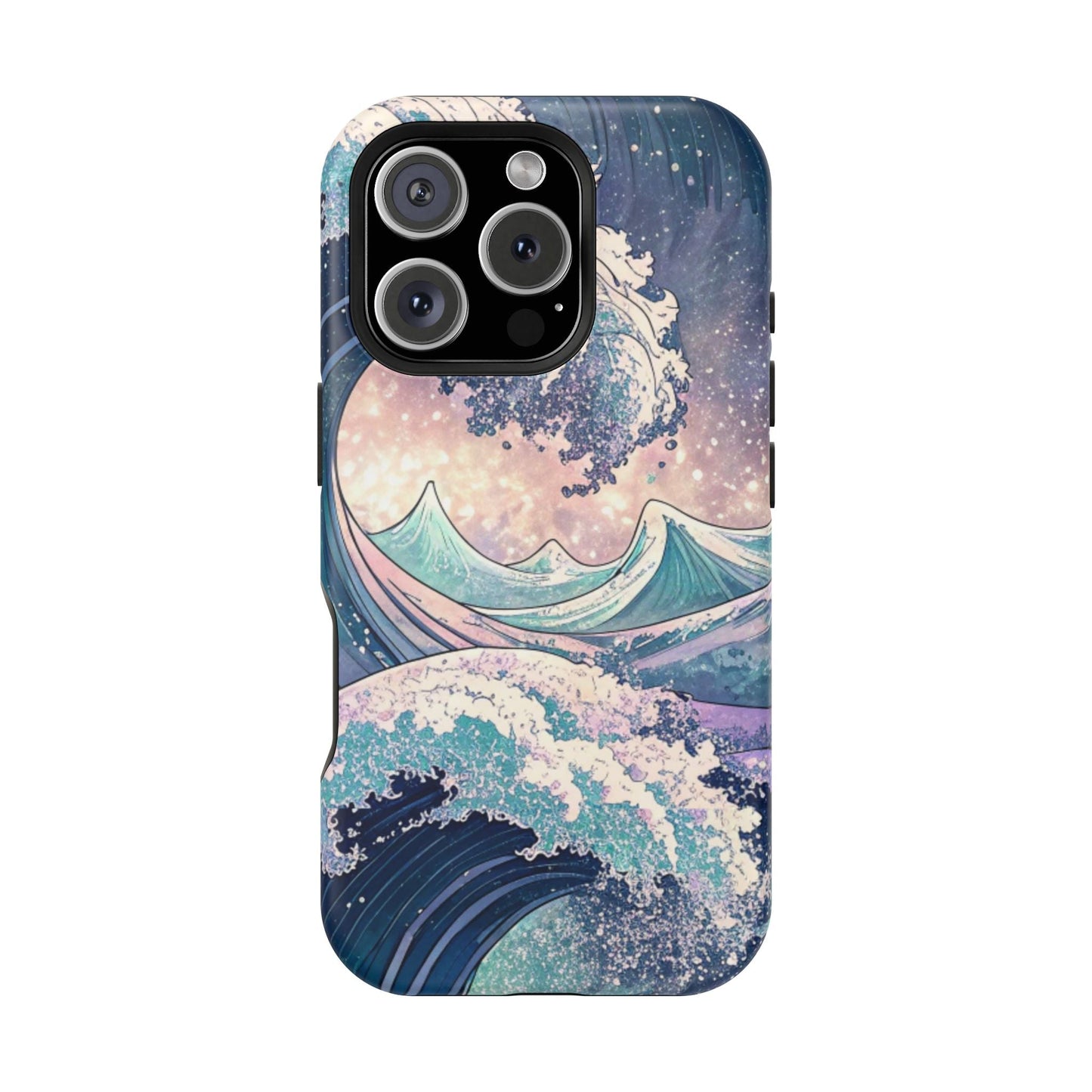 iPhone case with artistic crashing waves design, dual-layer protection, MagSafe compatible and glossy or matte finish options