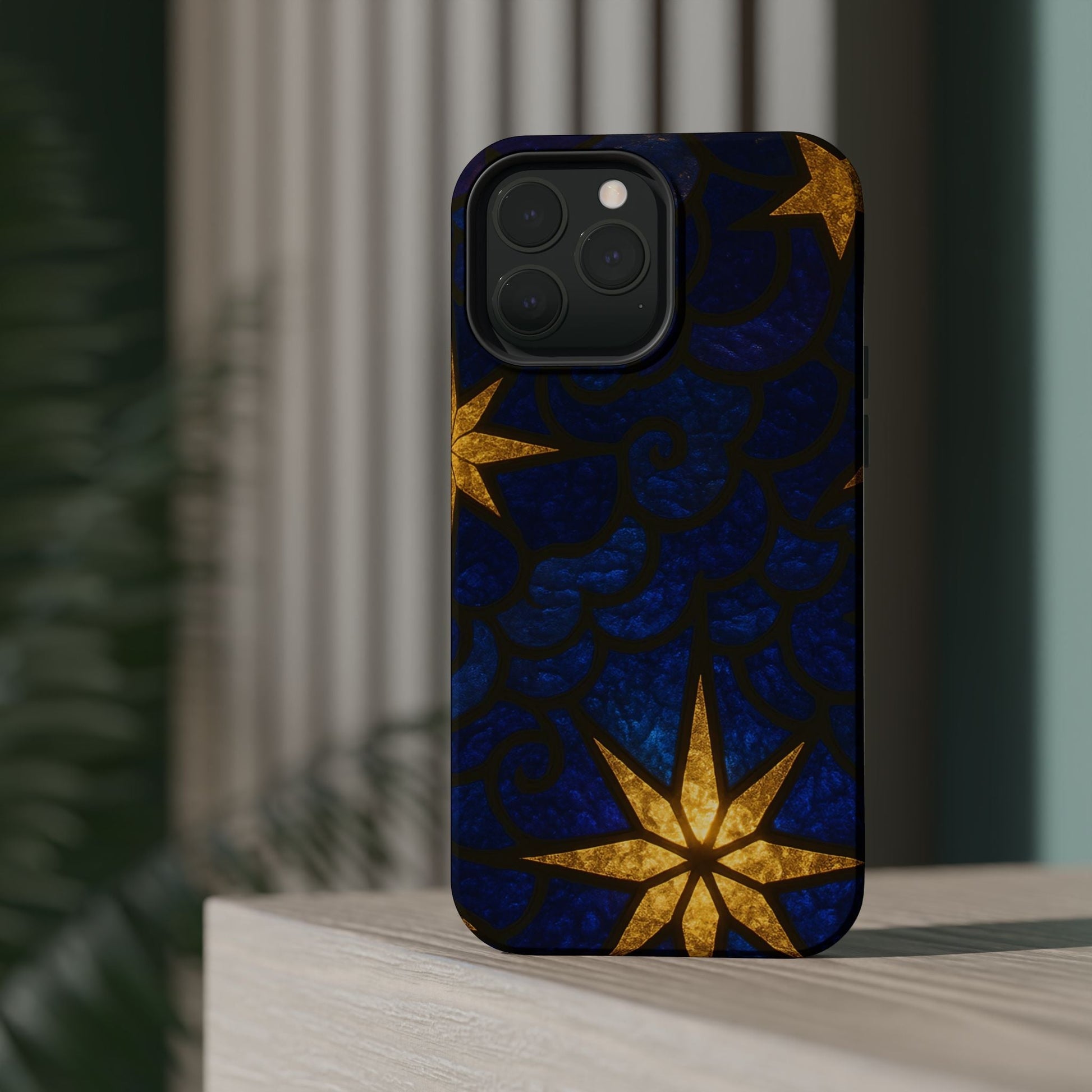 iPhone case with durable dual-layer design featuring golden star pattern on dark blue background, MagSafe compatible