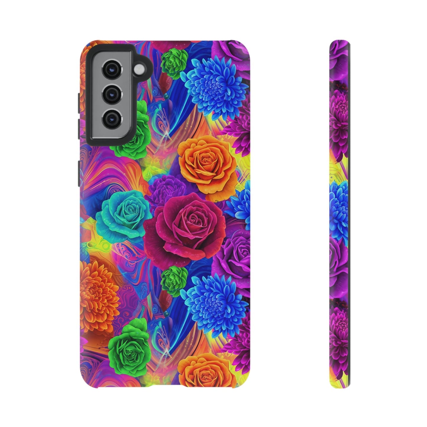 Vibrant Floral Samsung Phone Case with colorful rose and chrysanthemum design, protective TPU silicone, and impact-resistant cover for Samsung phones.