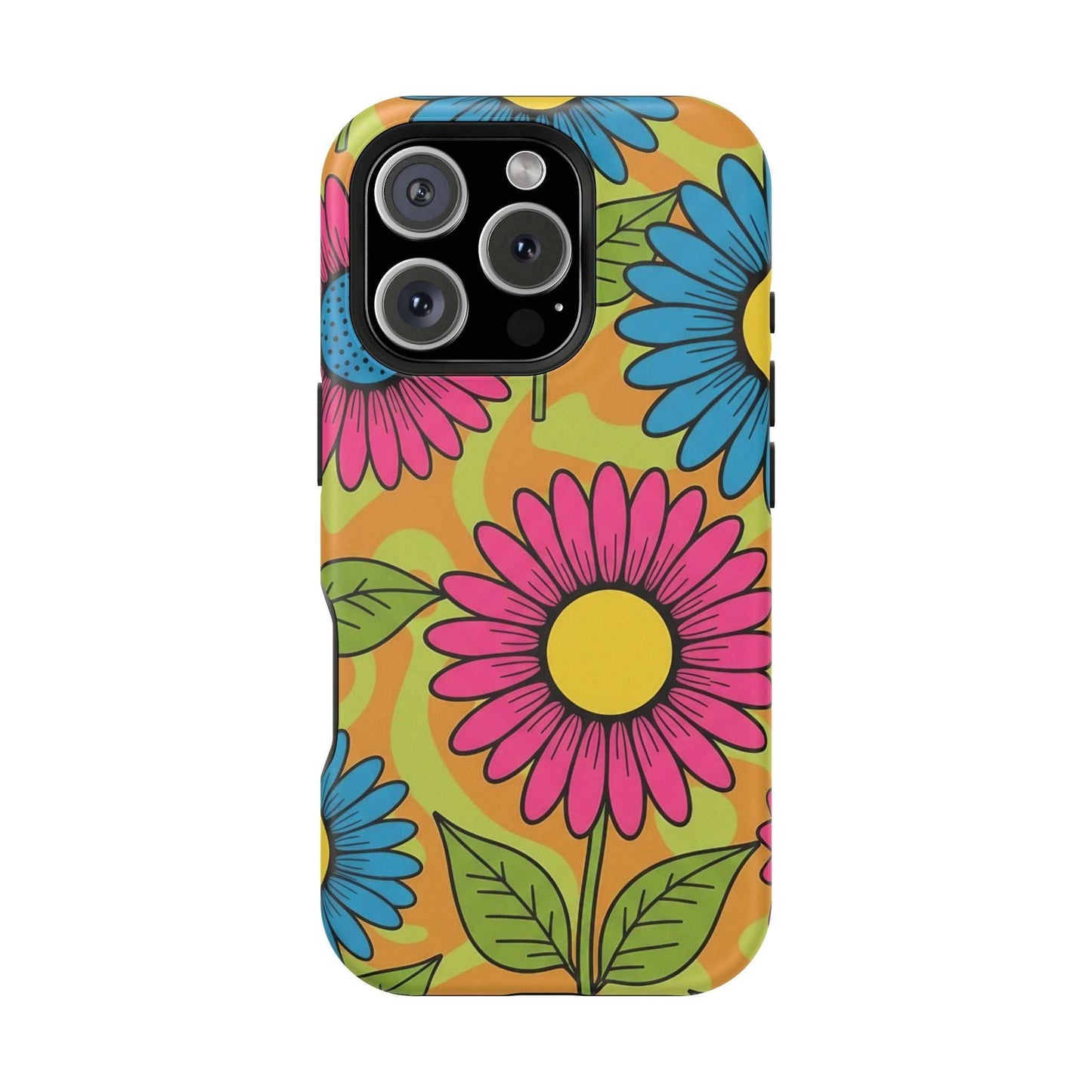 Flower Child iPhone Tough Case with vibrant floral design, durable dual-layer protection, and MagSafe compatibility