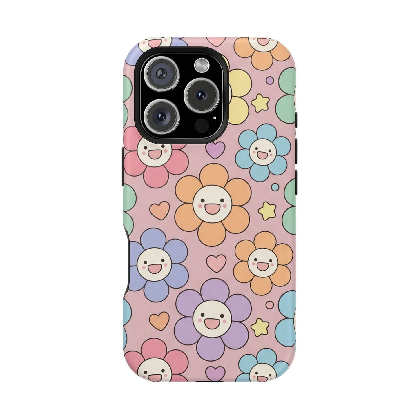 Happy Flower iPhone Tough Case with colorful smiling floral design and MagSafe compatibility