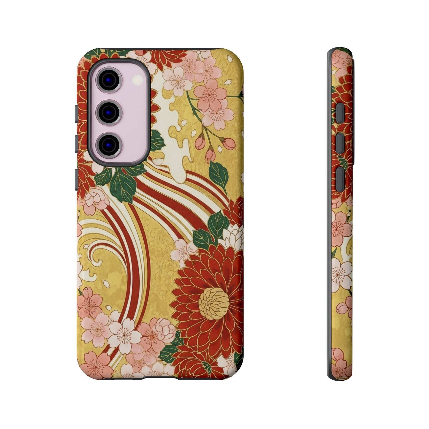 Samsung Case with Japanese floral gold chrysanthemum design, durable and impact-resistant phone protection.