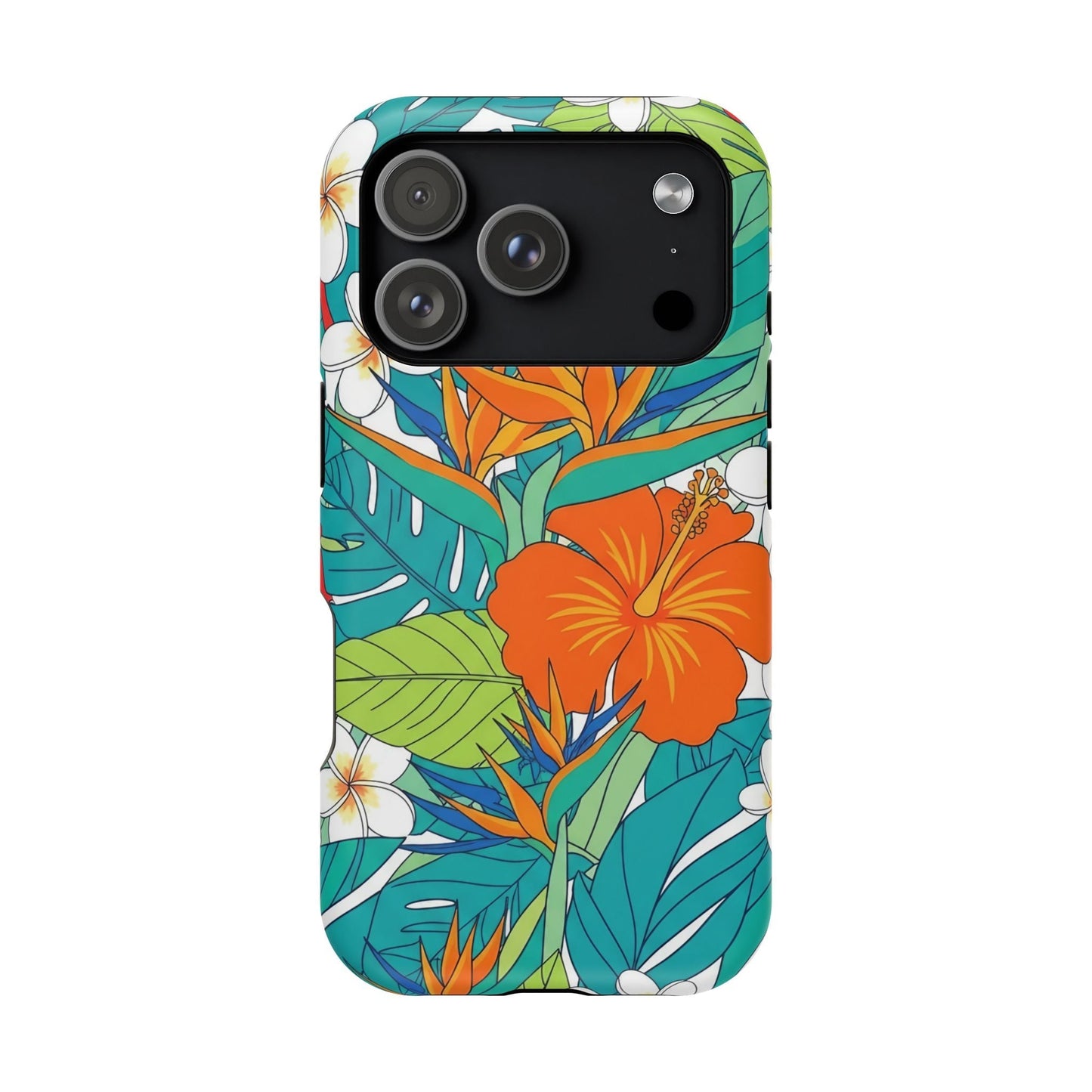 Vibrant floral iPhone case with colorful tropical flowers and leaves, durable polycarbonate, MagSafe compatible.