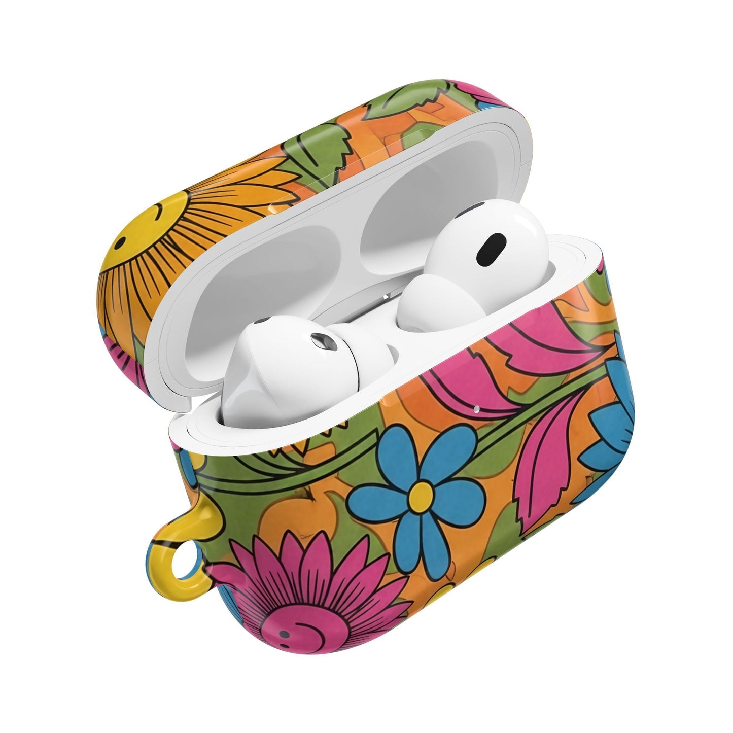 Flower Power AirPod case with colorful floral design and protective polycarbonate shell