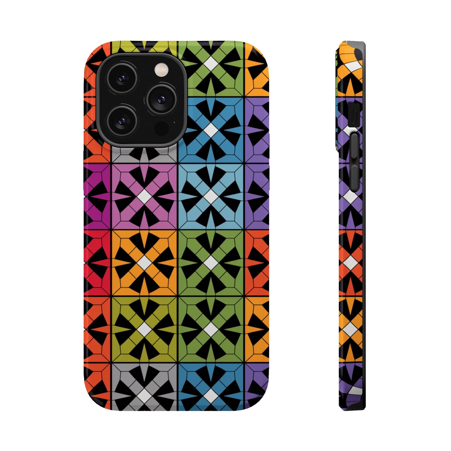 Rainbow Squares iPhone Tough Case with vibrant geometric pattern and durable dual-layer protection for iPhone 14, 15, and 16 models