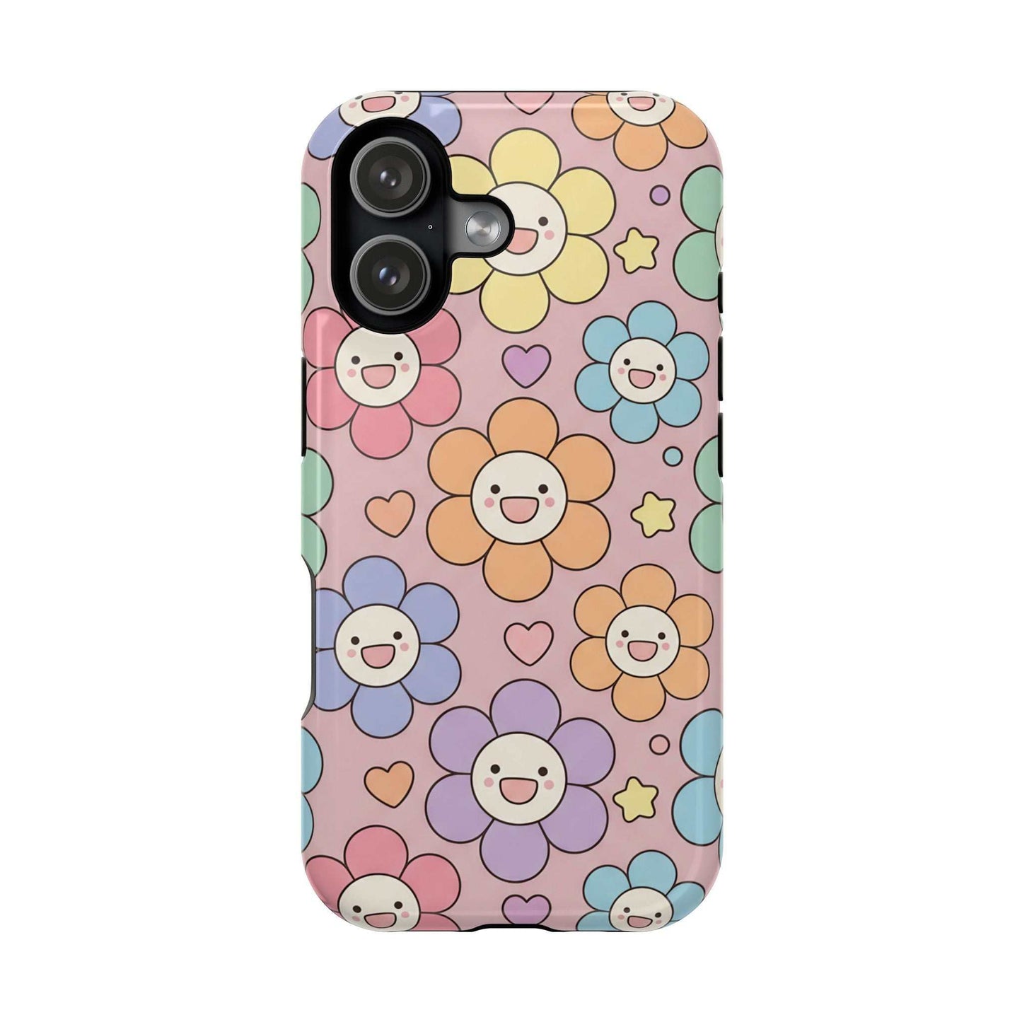Happy Flower iPhone Tough Case with colorful smiling floral pattern, impact-resistant and MagSafe compatible phone cover