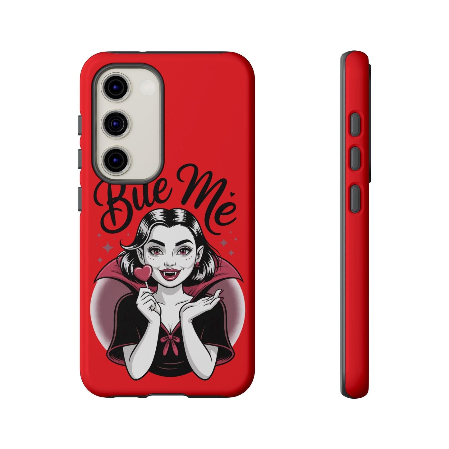 Red Samsung phone case with “Bite Me” text and cartoon vampire girl holding a heart lollipop design.