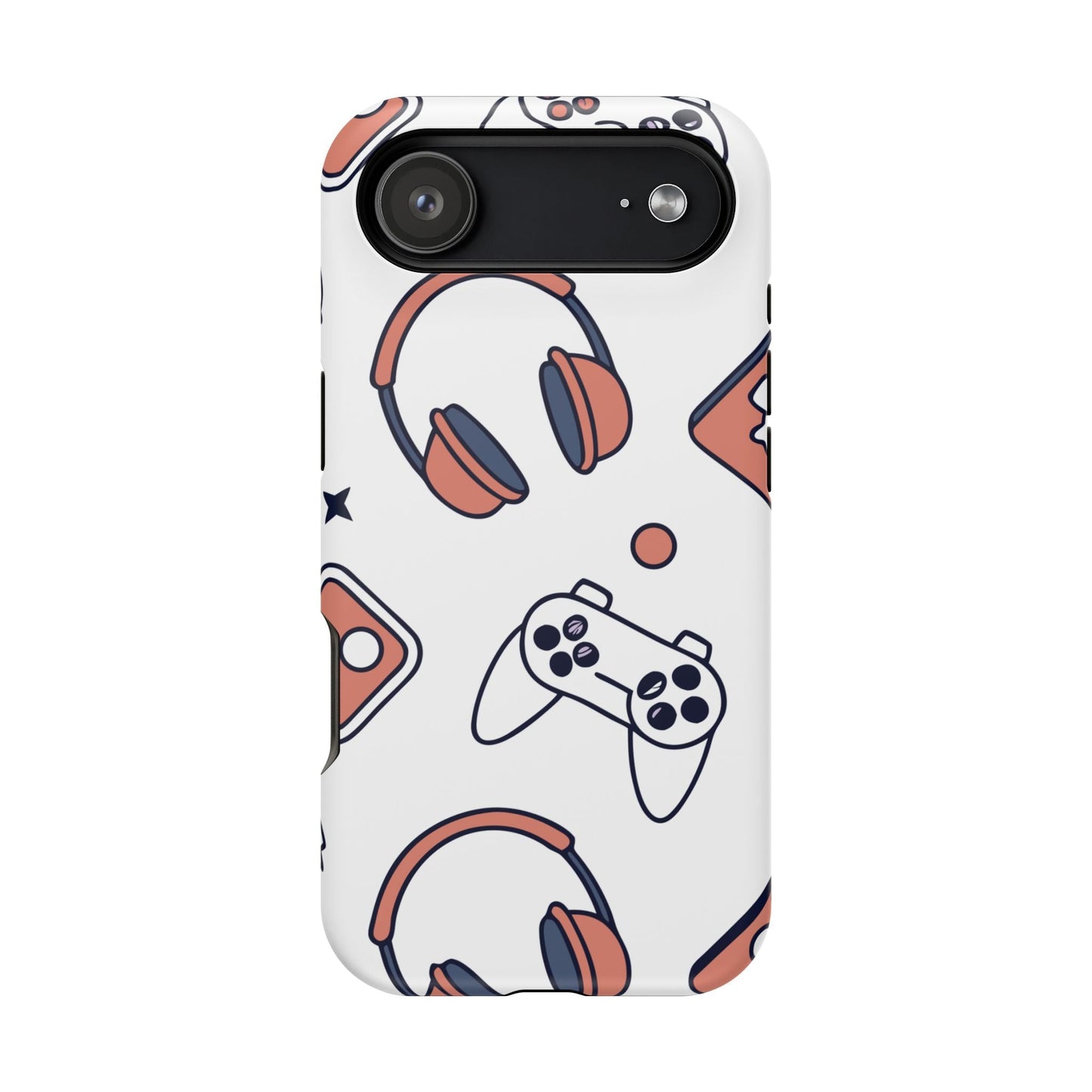 Gamer iPhone tough case with colorful gaming controller and headset design, durable polycarbonate and TPU protection, compatible with MagSafe accessories
