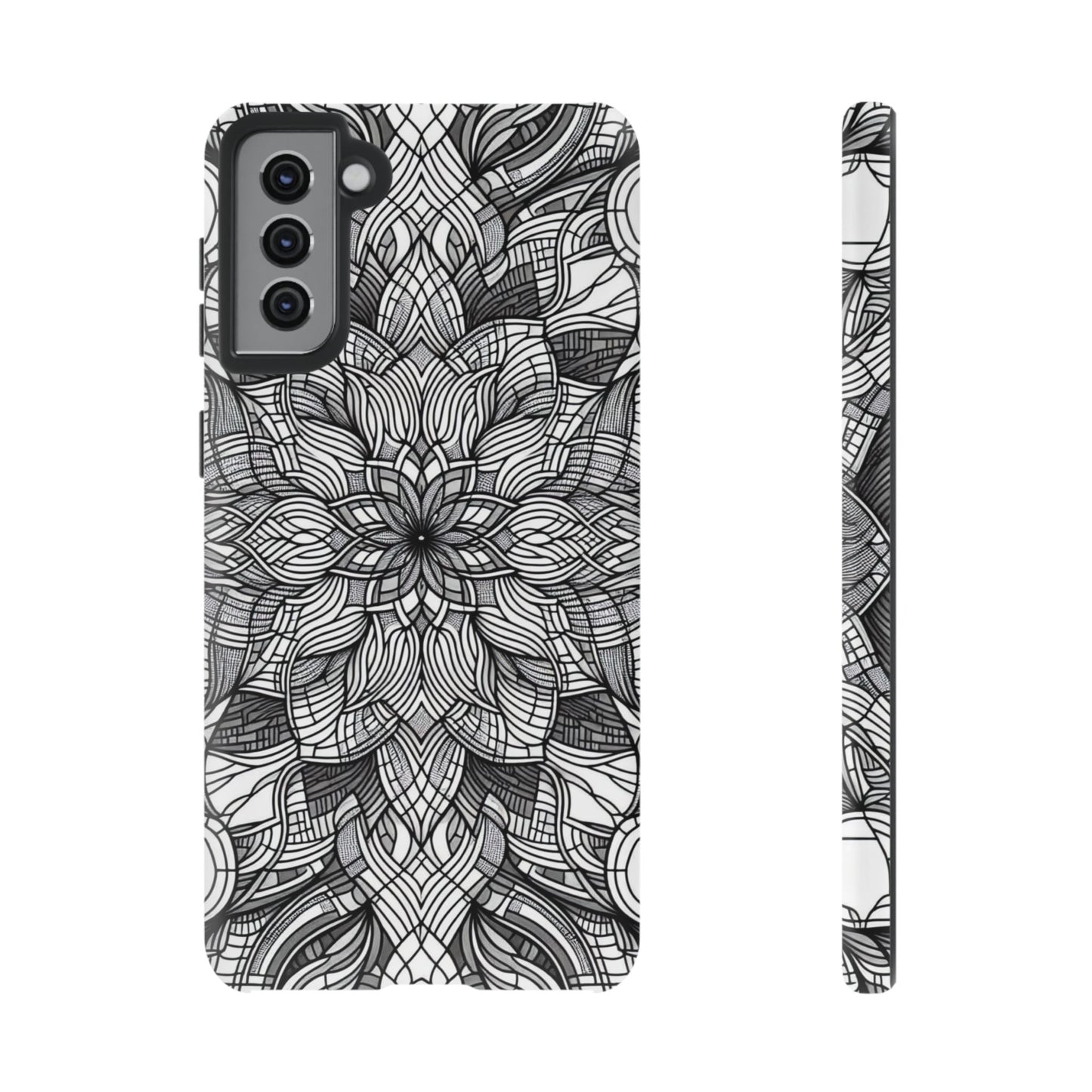 Black and White Art Explosion Samsung phone case with intricate floral pattern and full device protection
