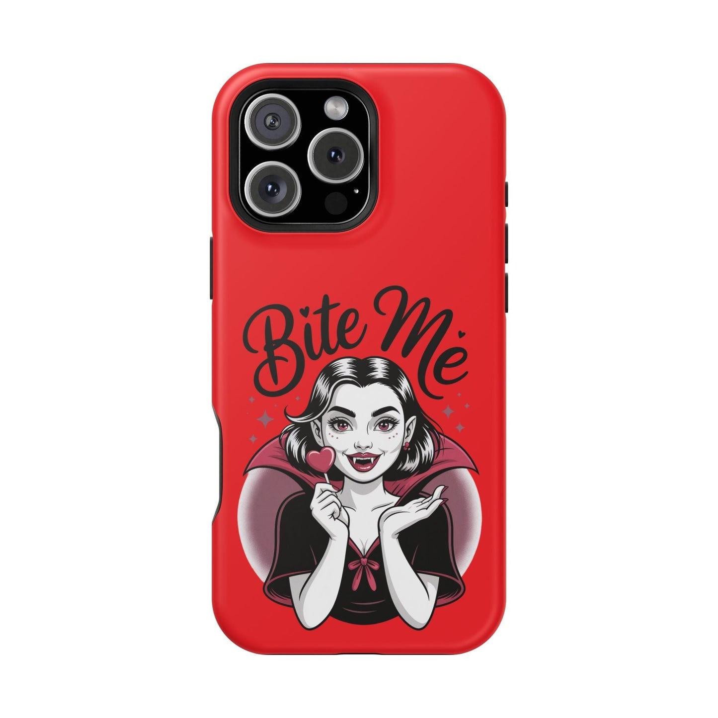 Halloween Vampire iPhone Tough Case with Bite Me vampire design in red, durable protective polycarbonate and TPU, MagSafe compatible phone cover