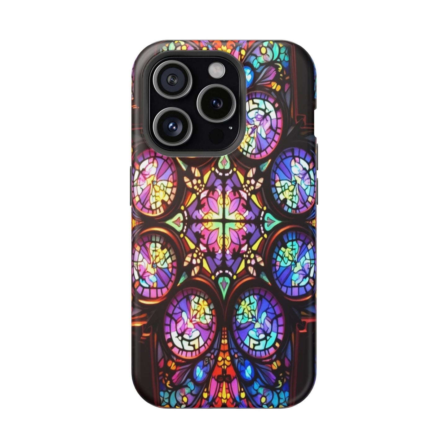 Colorful hypnotic stained glass design iPhone tough case with durable dual-layer protection and MagSafe compatibility