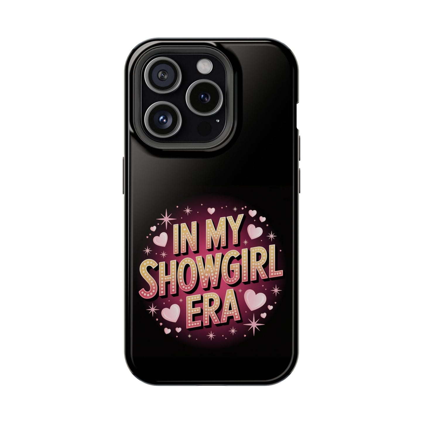 Black durable phone case with vibrant In My Showgirl Era retro glam design and MagSafe compatibility