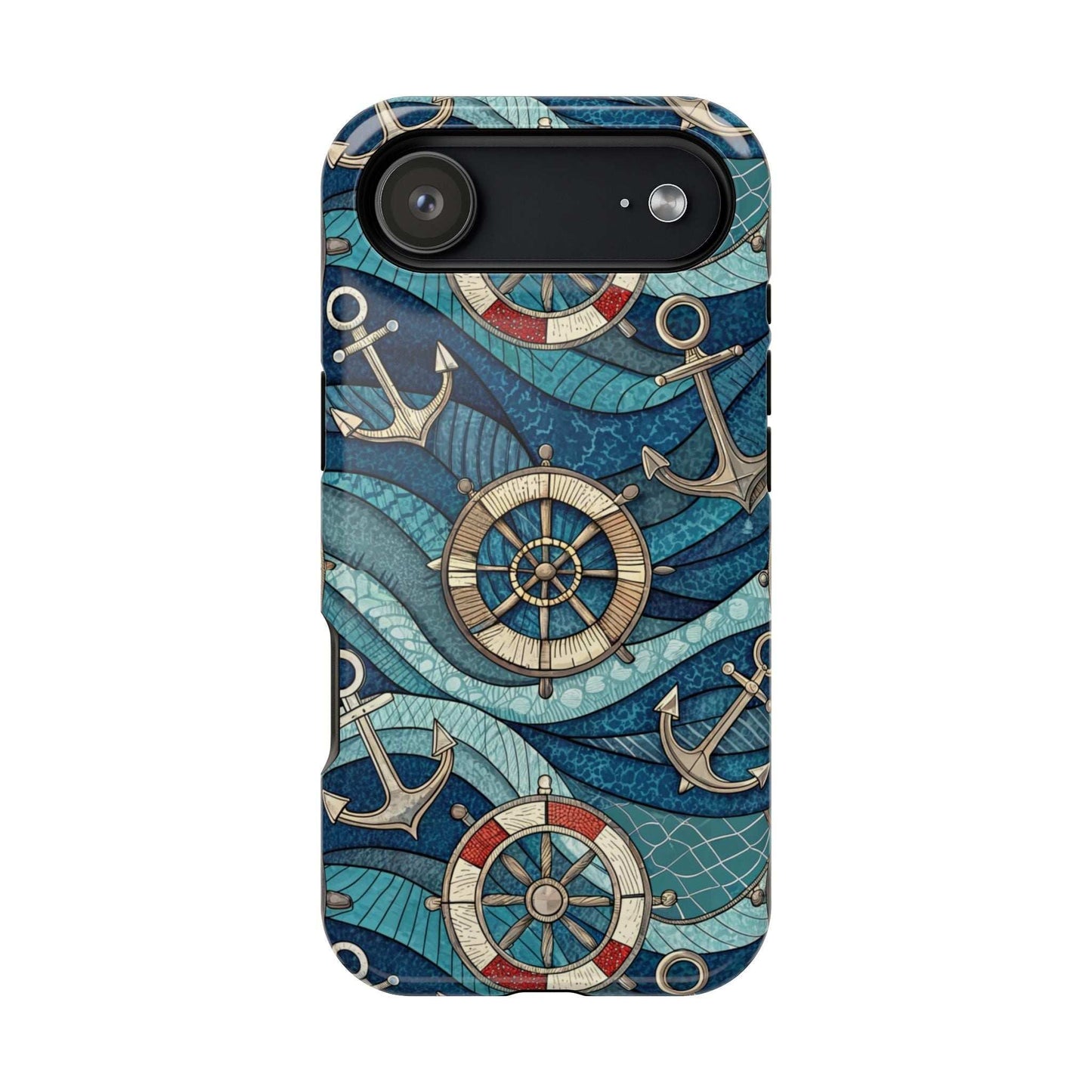 Nautical theme iPhone case with anchors and ship wheels on blue waves design for iPhone 13-16 series