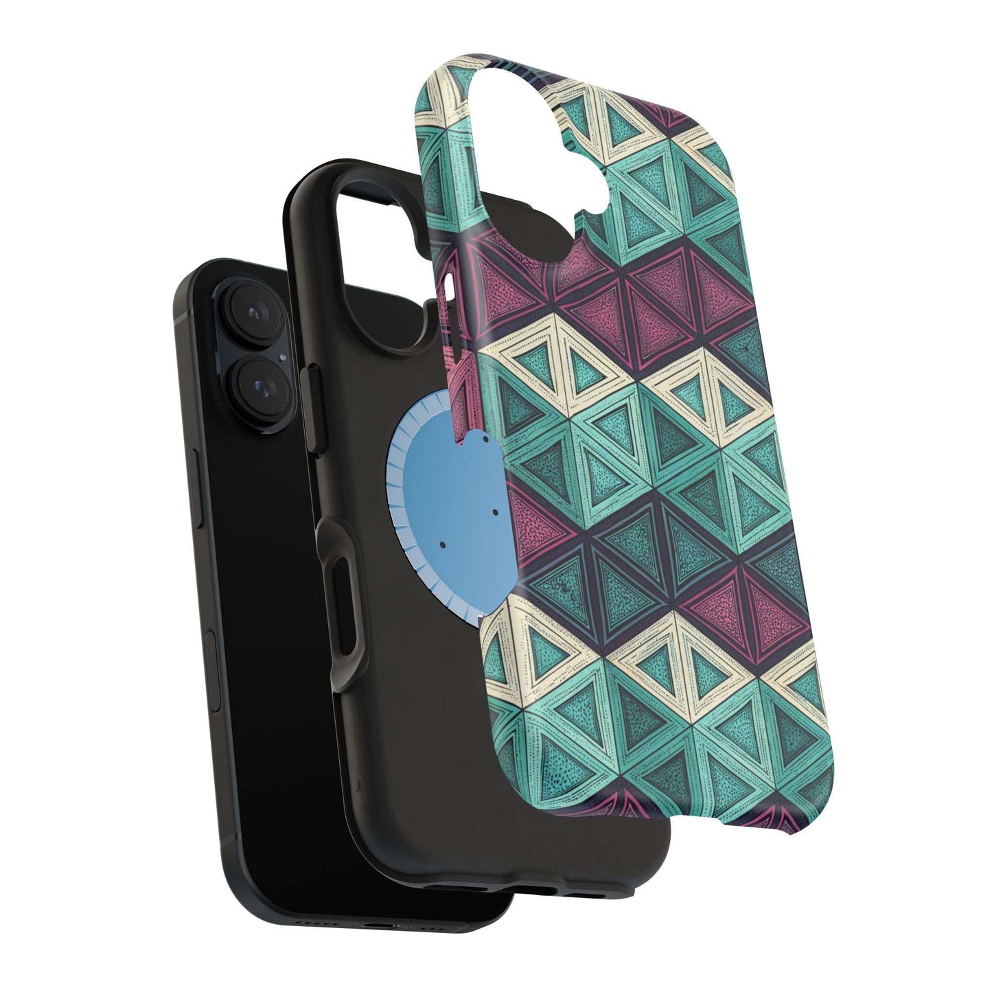 Purple and teal abstract geometric pattern magnetic iPhone tough case with MagSafe compatibility and dual-layer protection