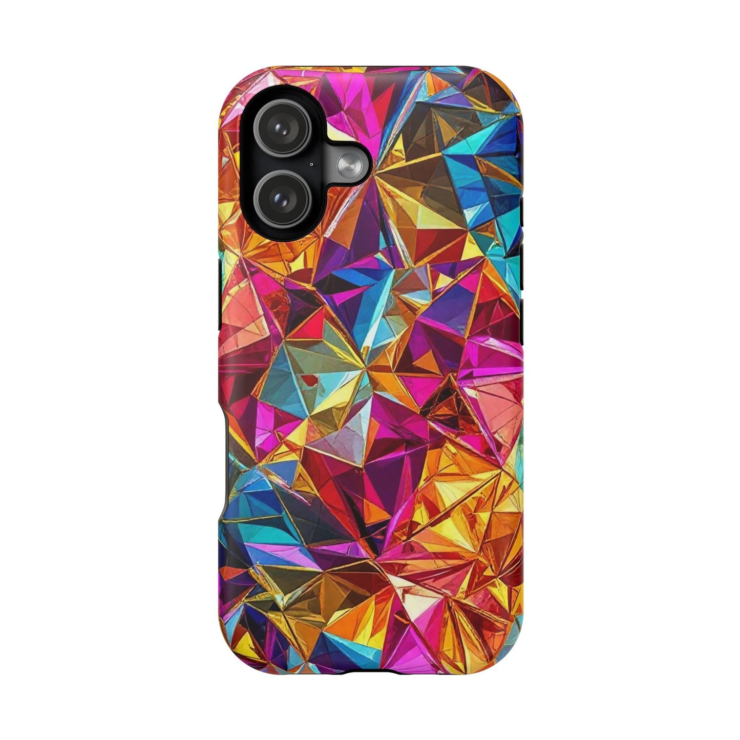 Colorful geometric rainbow foil iPhone tough case with glossy finish and MagSafe magnet for protection and style