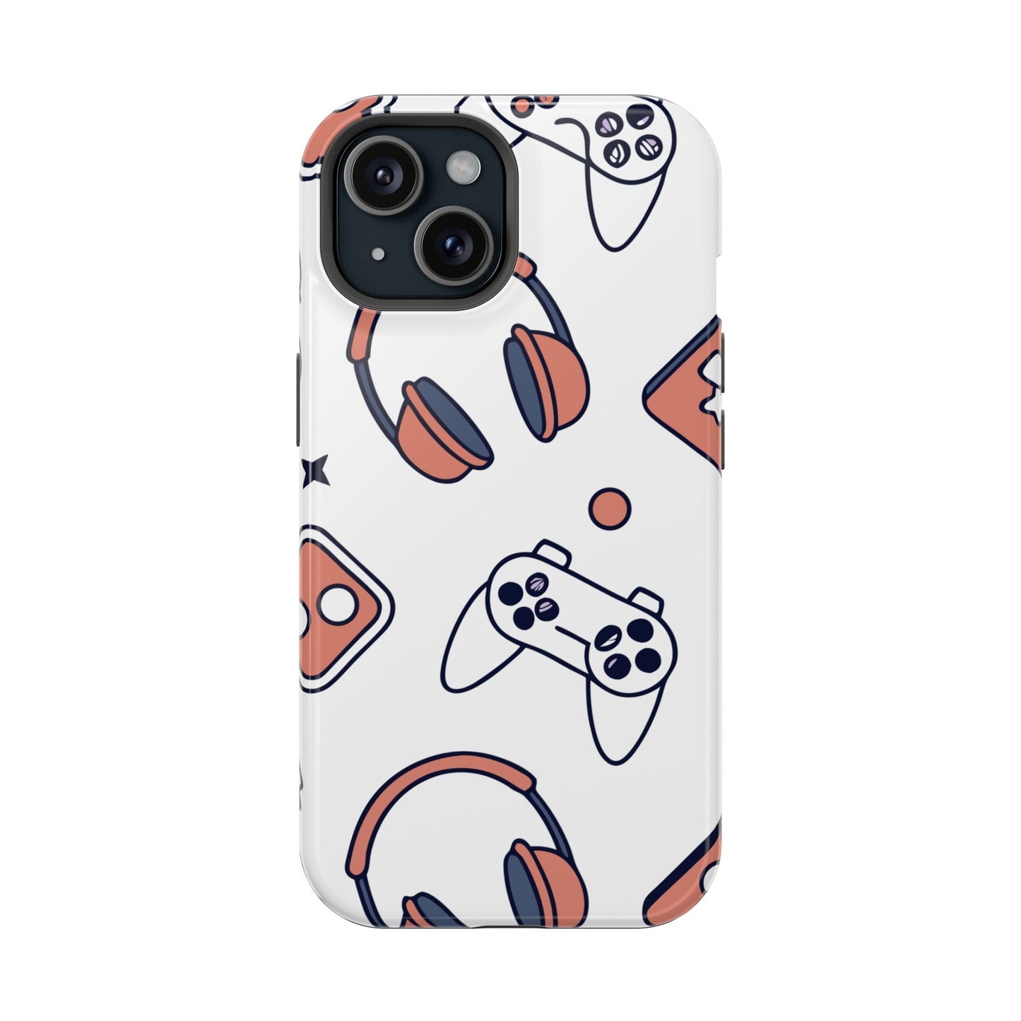 Gamer iPhone tough case with colorful gaming controller and headset design on durable polycarbonate and TPU material, compatible with MagSafe.